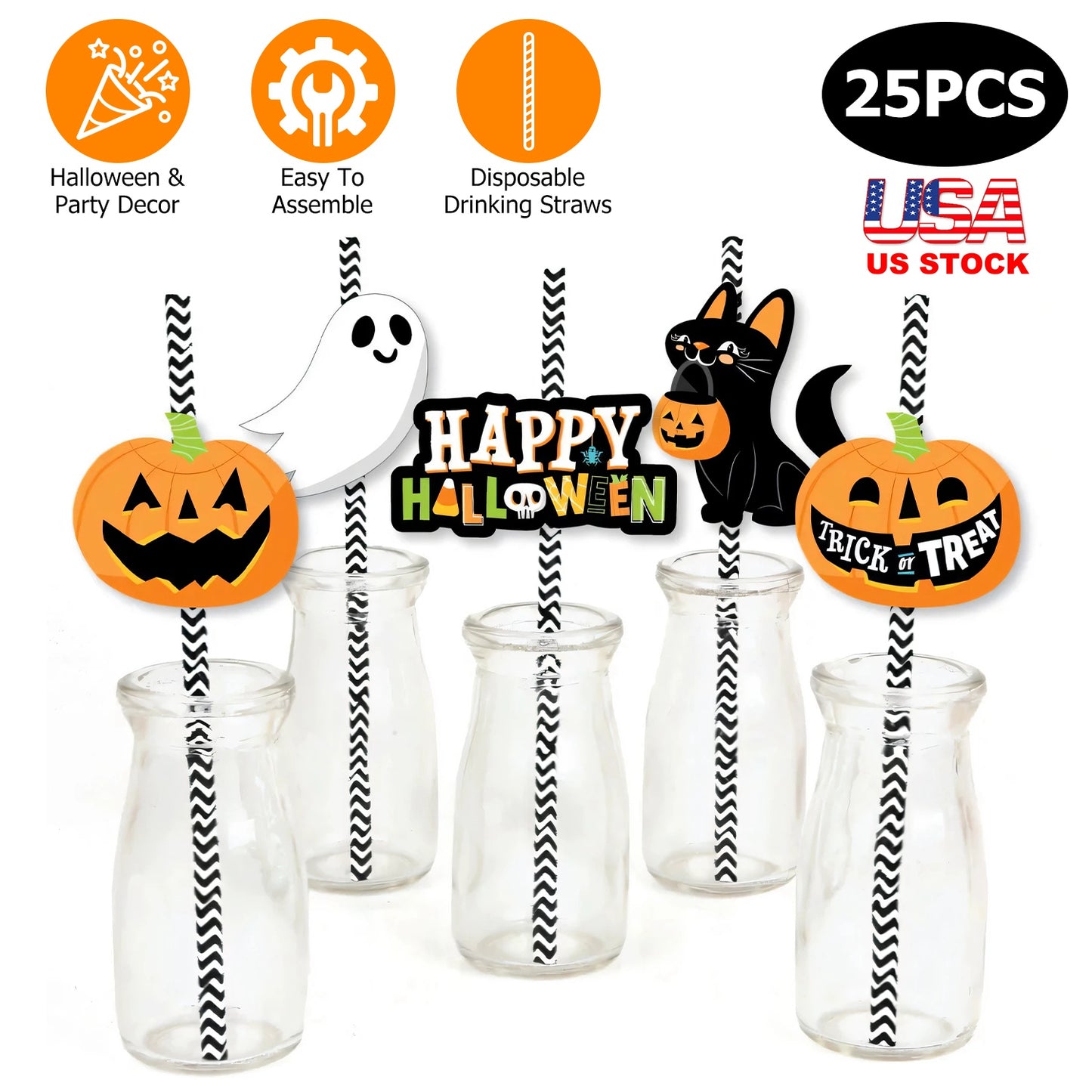 Halloween Party Paper Straws with Decorative Cards - 25 Pack