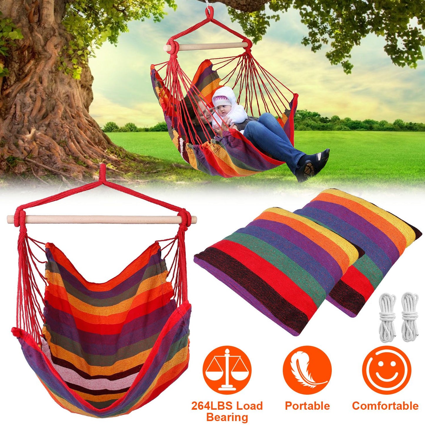 Hanging Hammock Chair with Pillows – 265 lbs Capacity