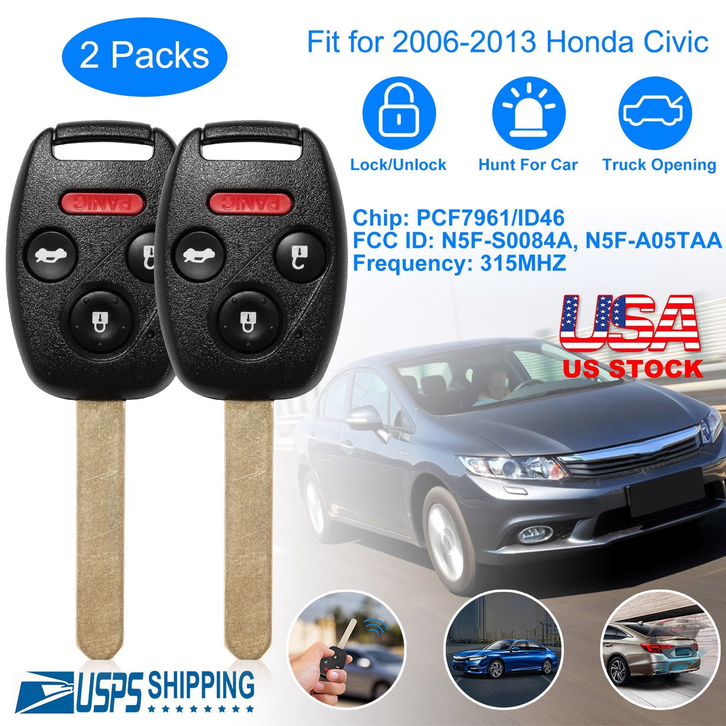Remote Key Fob for Honda Civic 2006-2013 (2-Pack)
