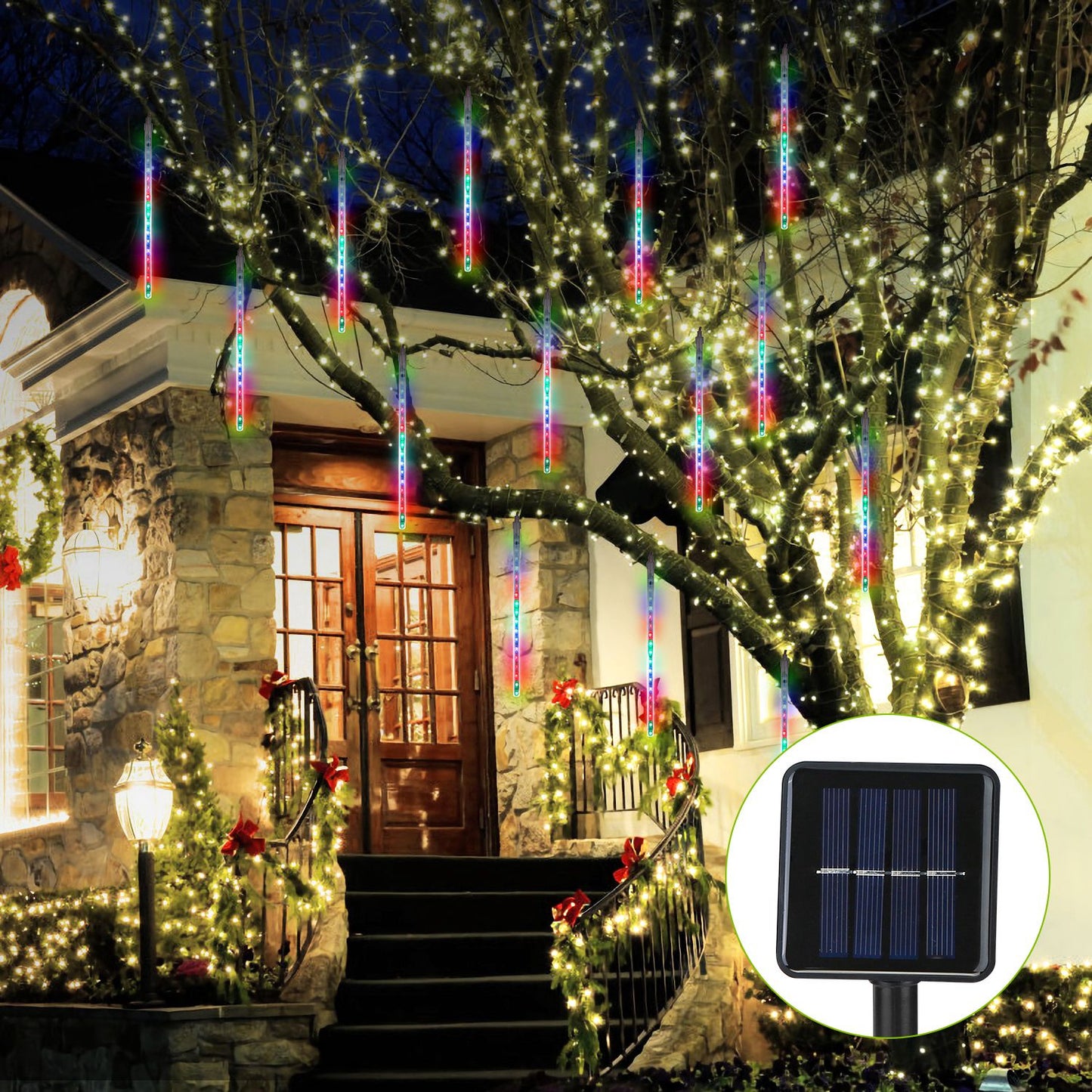 Solar Meteor Shower String Lights 8 Tubes 144 LED Waterproof