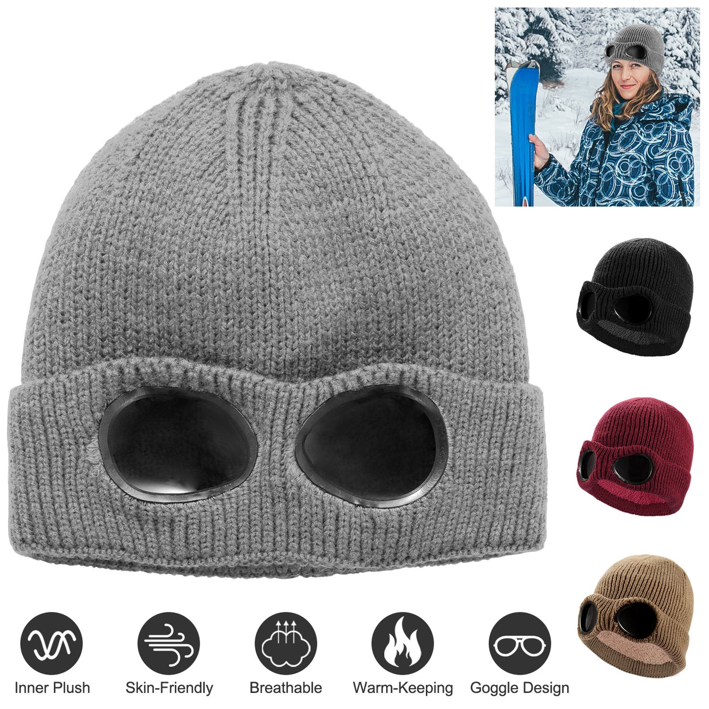 Knit Beanie Hat with Goggle - Warm Winter Skull Cap