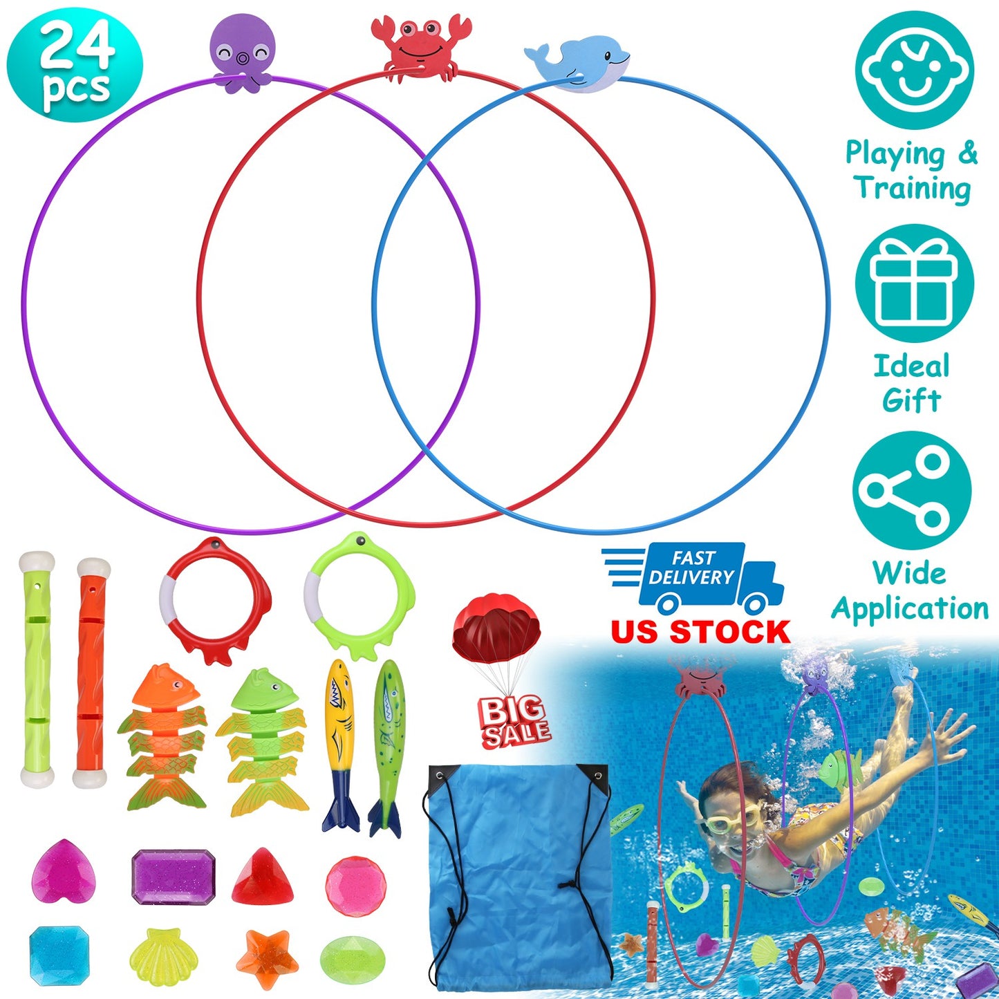 Swimming Pool Diving Toys Set - 24 Pieces with Storage Bag