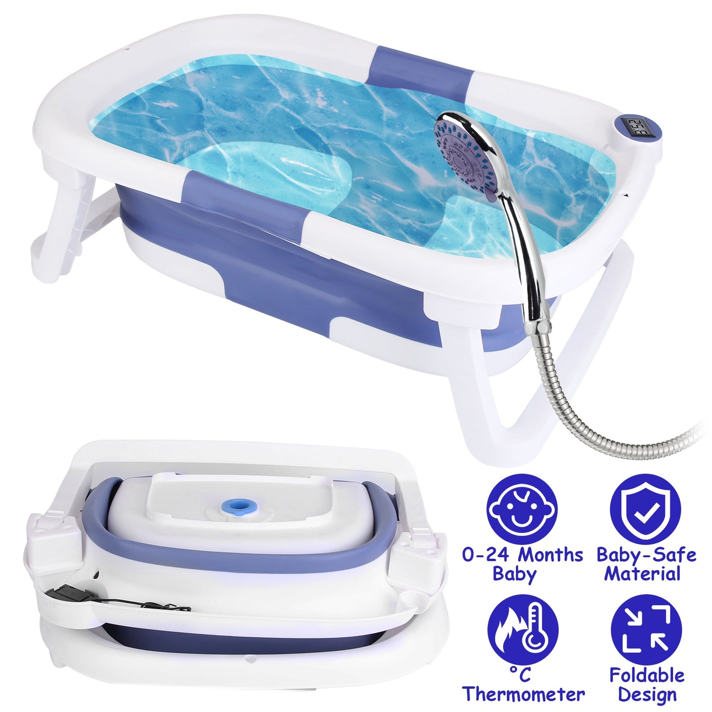 Collapsible Baby Bathtub with Thermometer for 0-24 Months