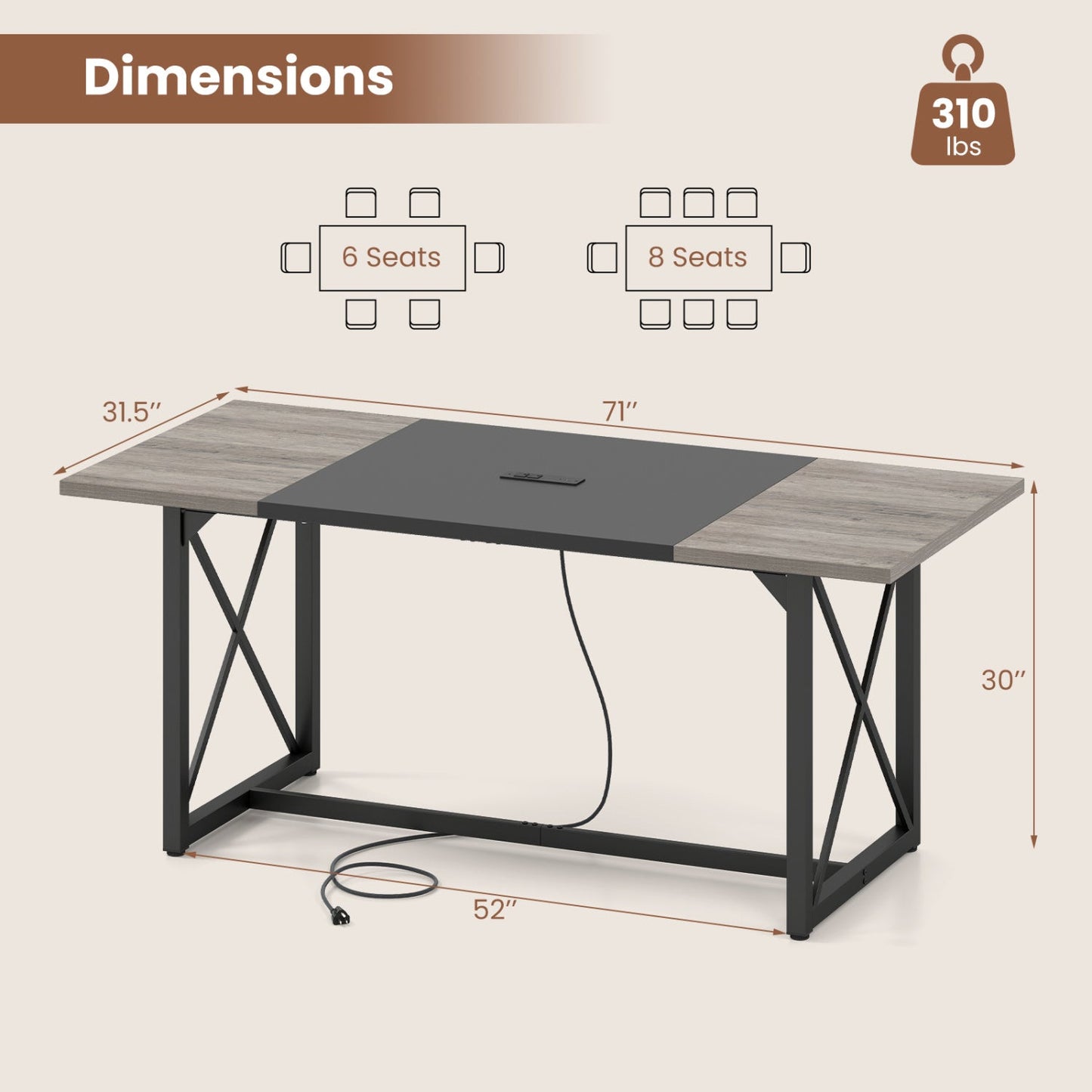 6FT Conference Table with Power Outlets Seats 6-8 People for Office