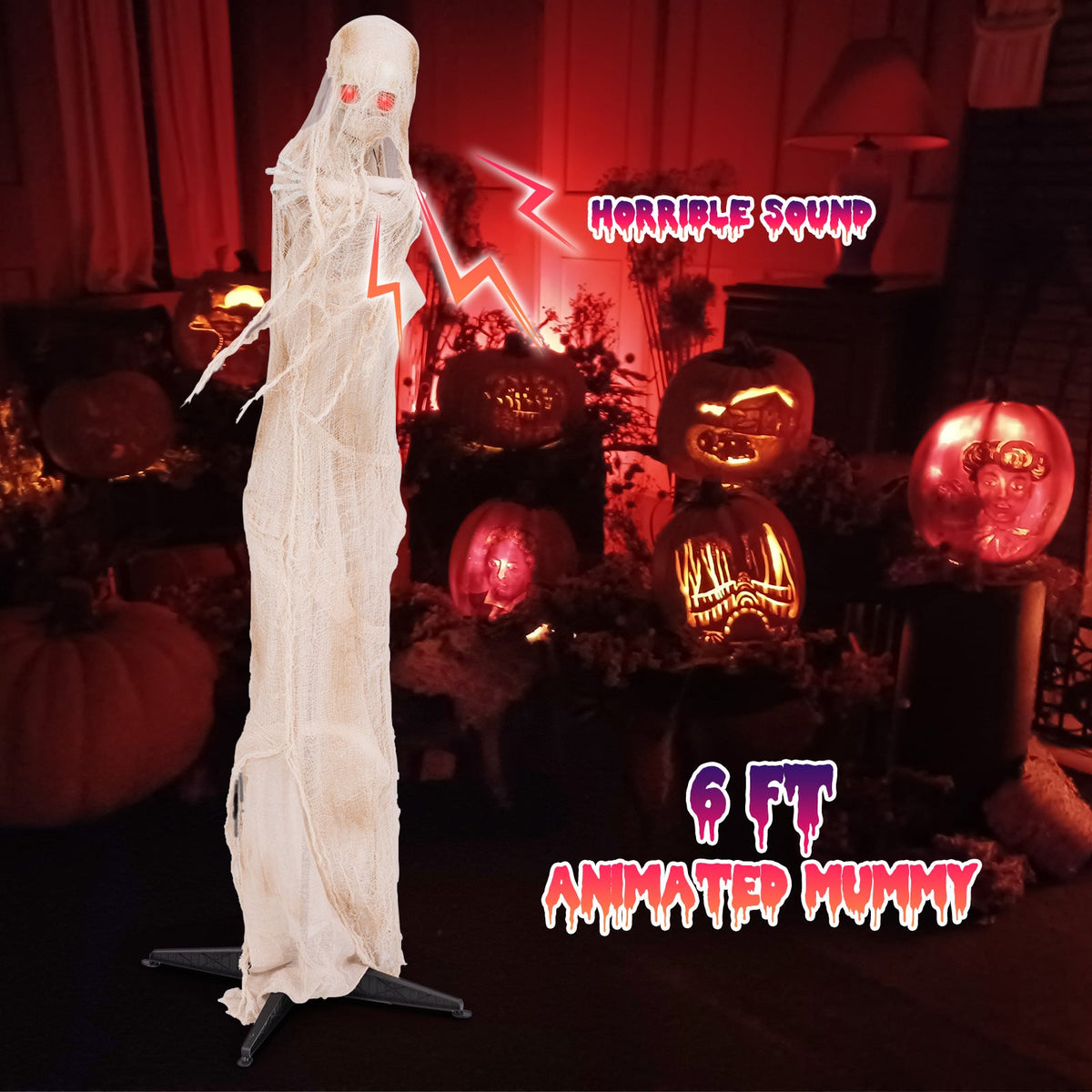 6FT Halloween Animated Standing Mummy with LED Red Glowing Eyes