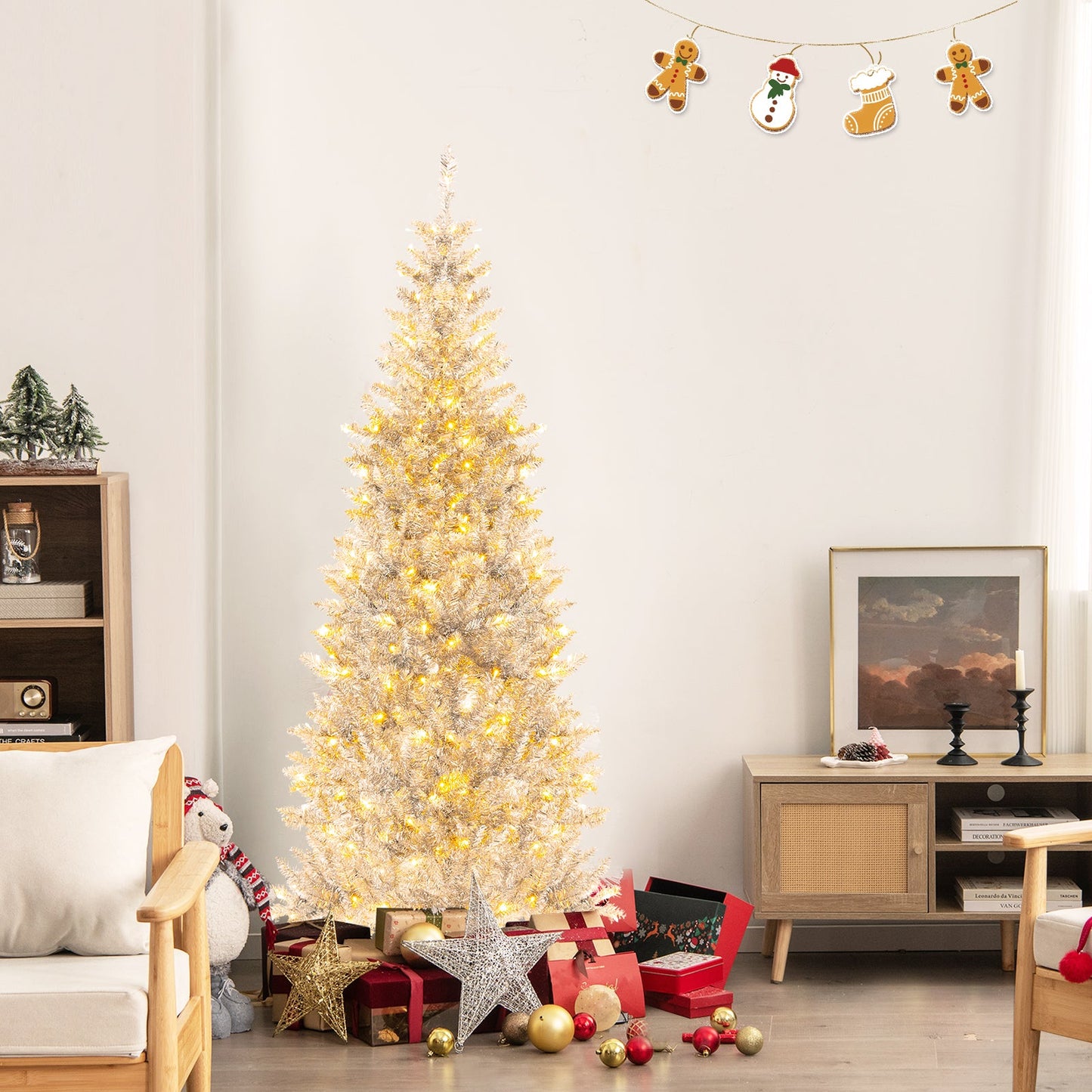 6/7 FT Pre-Lit Artificial Silver Tinsel Xmas Tree with 790 Branch Tips and 300 LED Lights