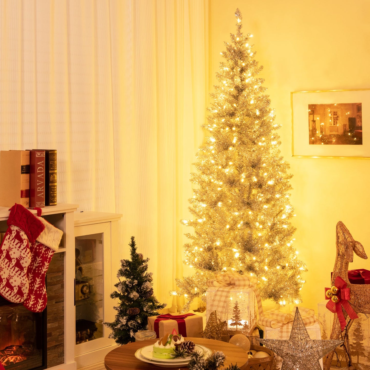 6/7 FT Pre-Lit Artificial Silver Tinsel Xmas Tree with 790 Branch Tips and 300 LED Lights