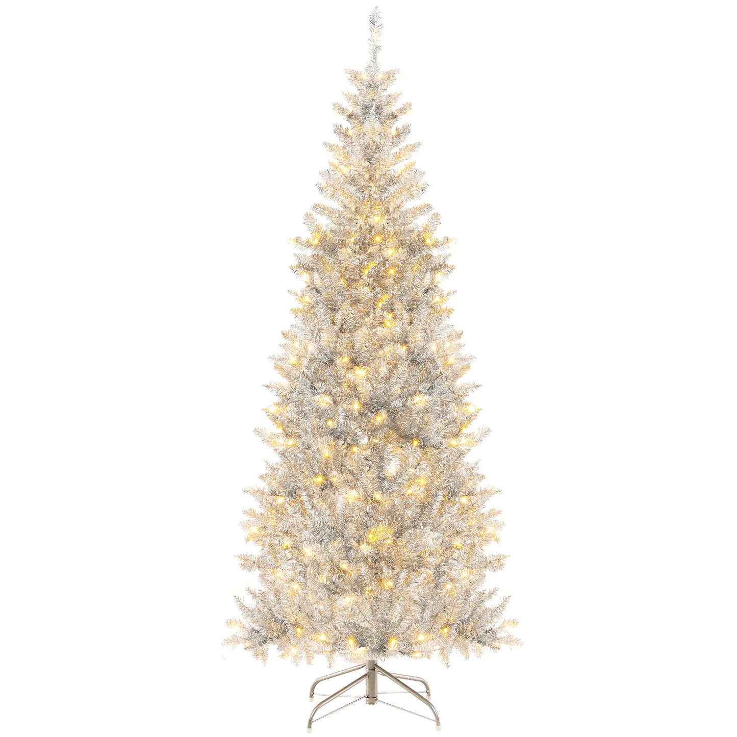 6/7 FT Pre-Lit Artificial Silver Tinsel Xmas Tree with 790 Branch Tips and 300 LED Lights