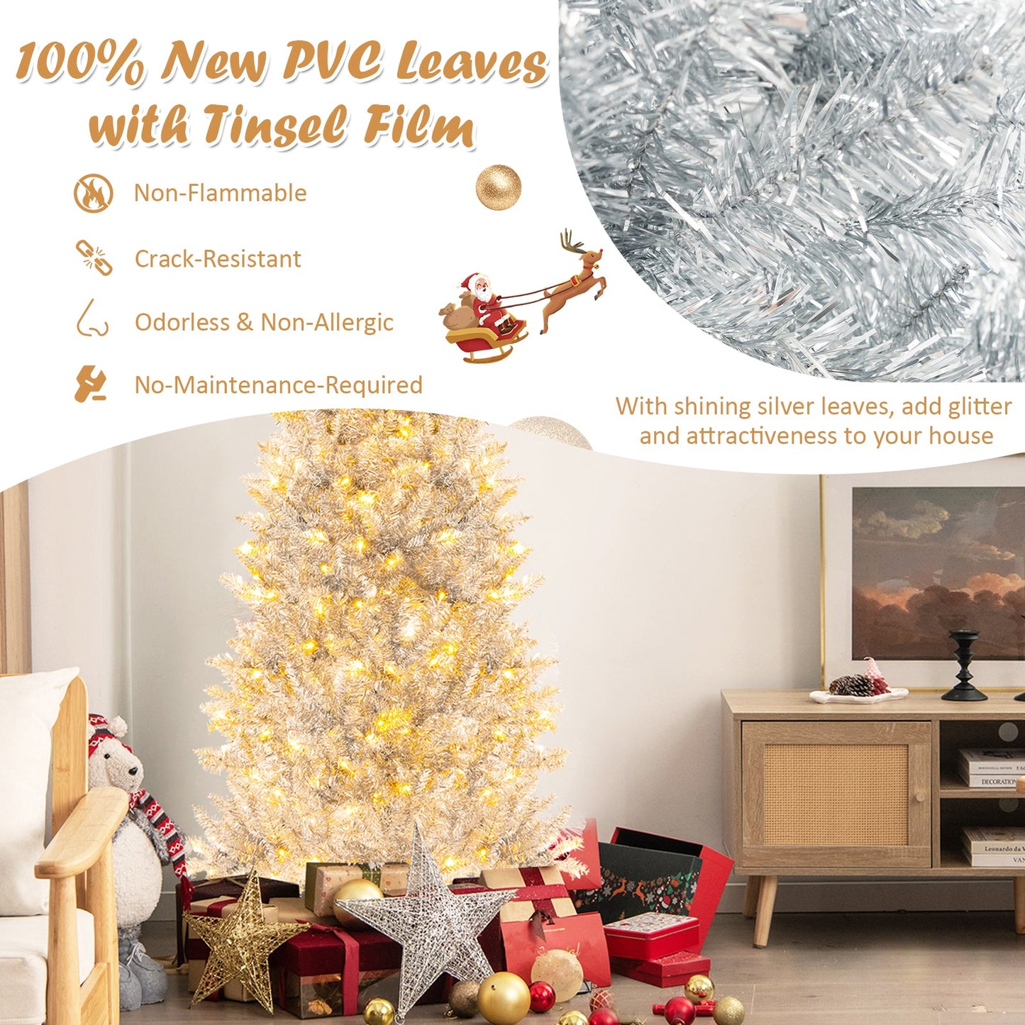6/7 FT Pre-Lit Artificial Silver Tinsel Xmas Tree with 790 Branch Tips and 300 LED Lights
