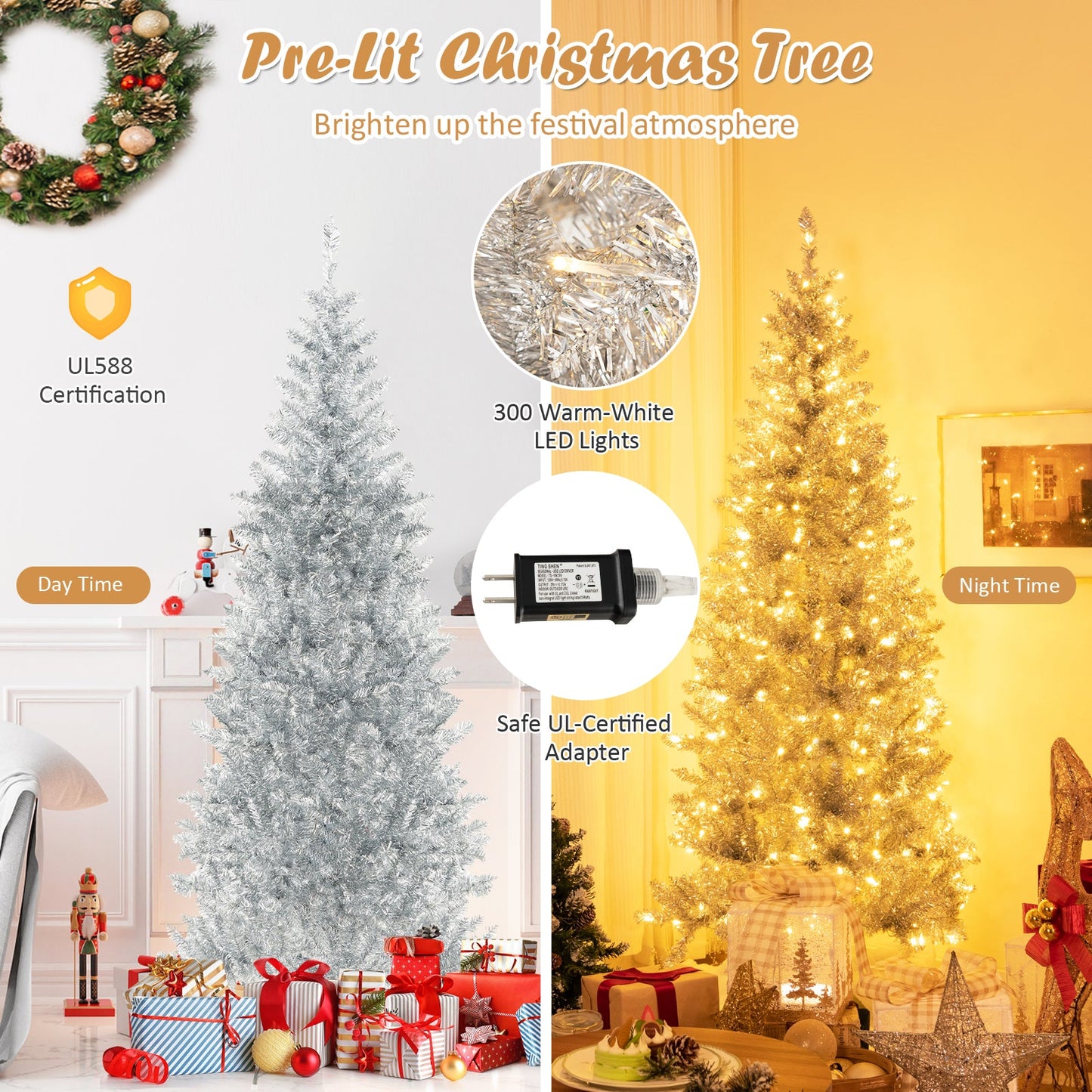 6/7 FT Pre-Lit Artificial Silver Tinsel Xmas Tree with 790 Branch Tips and 300 LED Lights