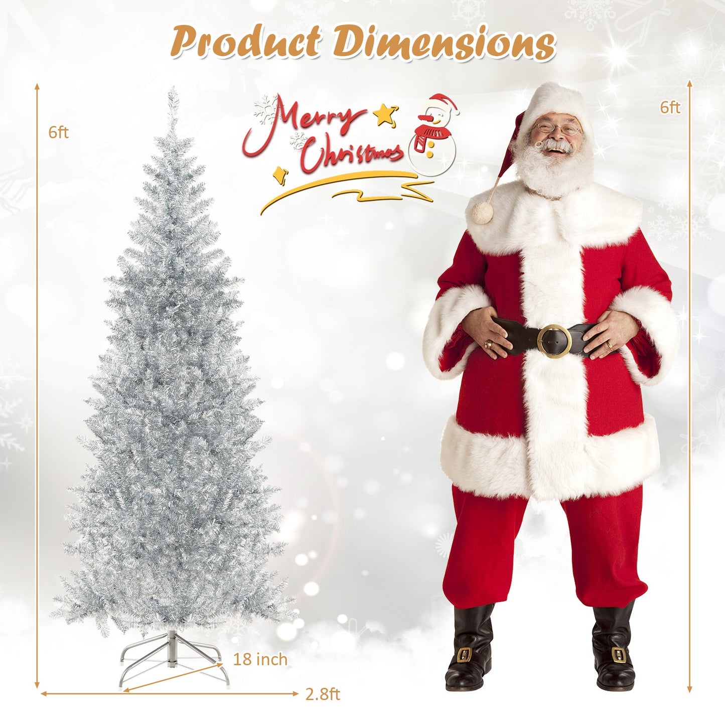 6/7 FT Pre-Lit Artificial Silver Tinsel Xmas Tree with 790 Branch Tips and 300 LED Lights