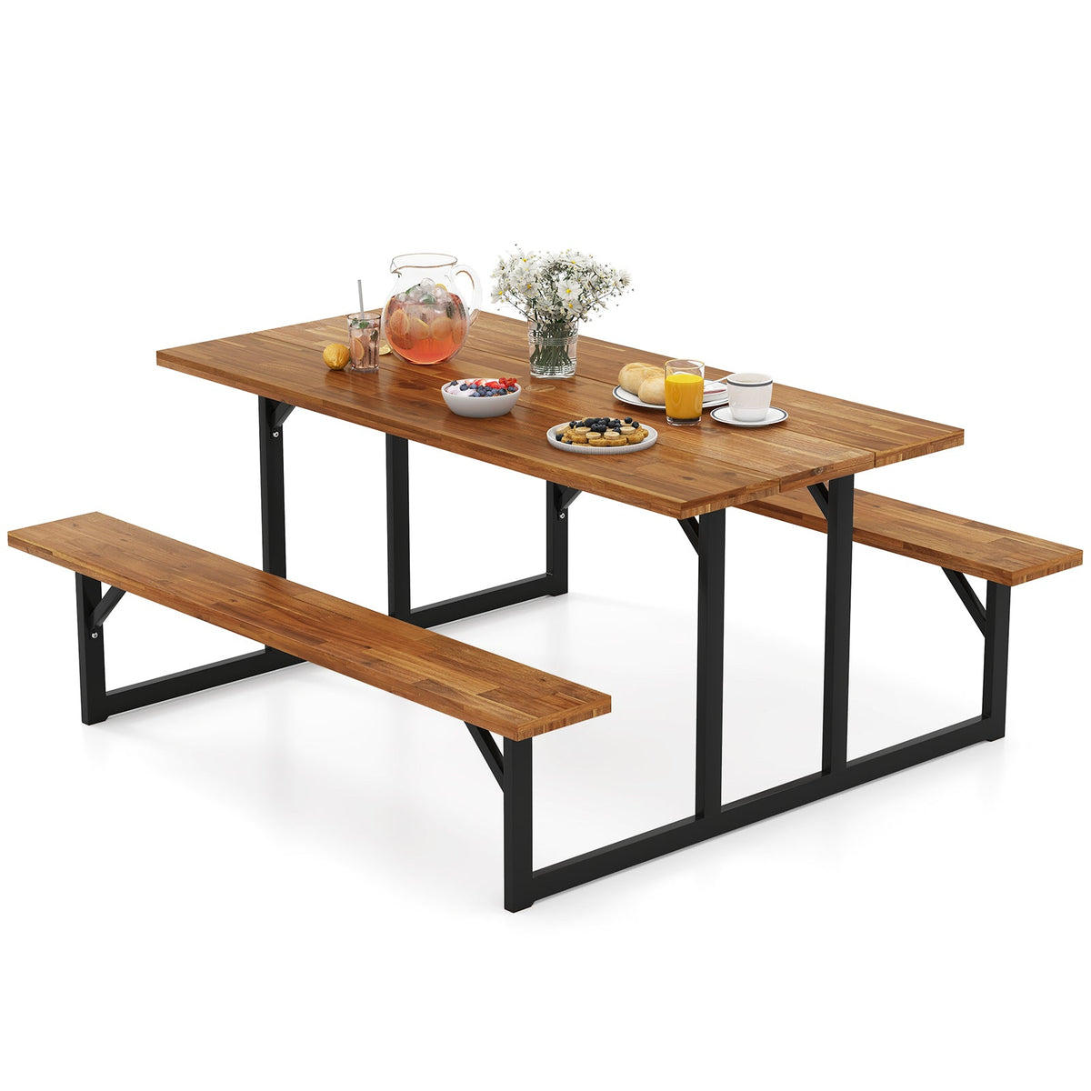 6-Person Acacia Wood Picnic Table with 2 Built-In Benches