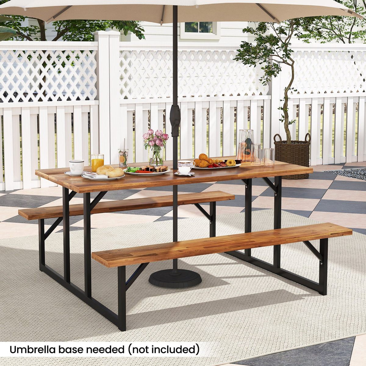 6-Person Acacia Wood Picnic Table with 2 Built-In Benches