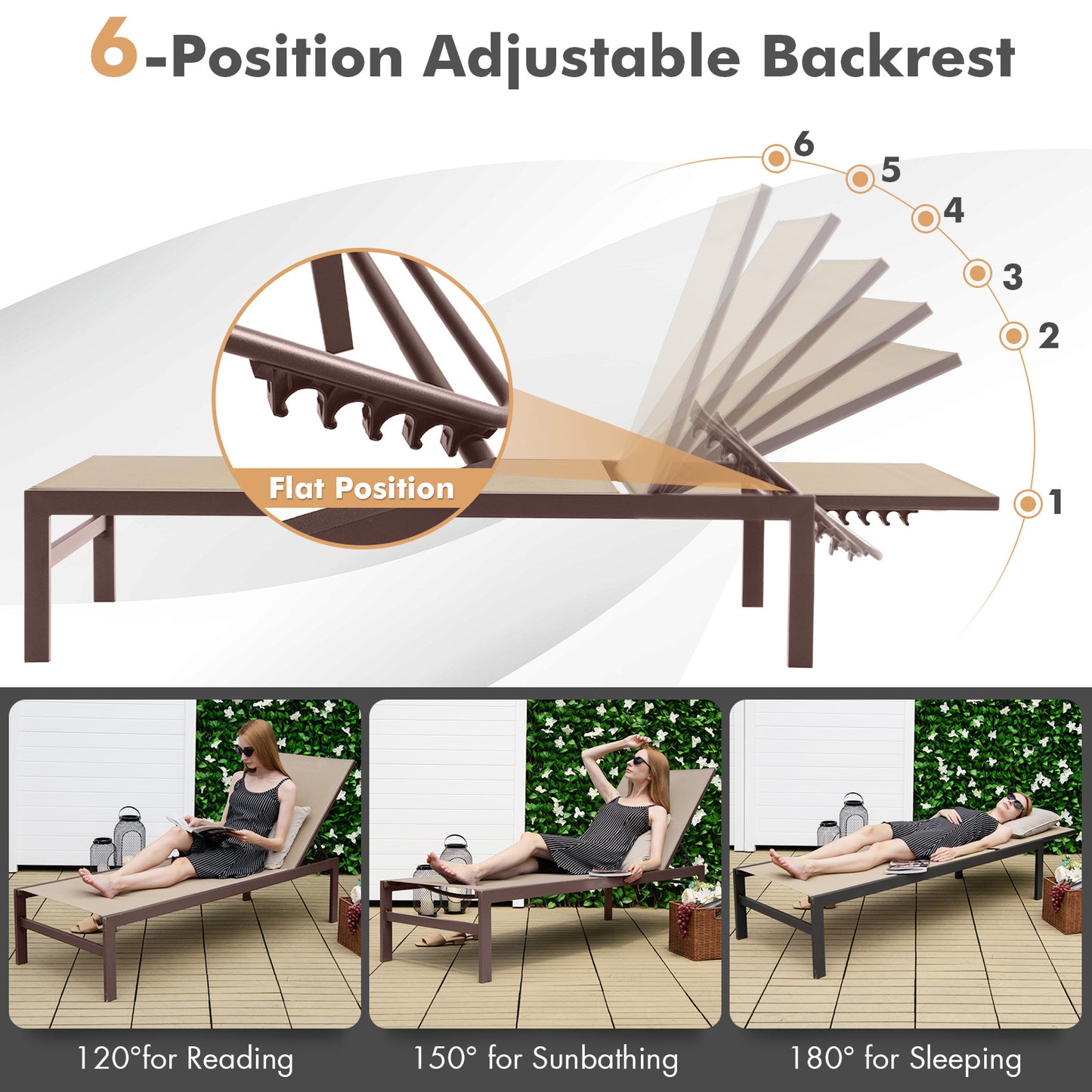 6-Position Adjustable Chaise Lounge Chair with Aluminum Frame
