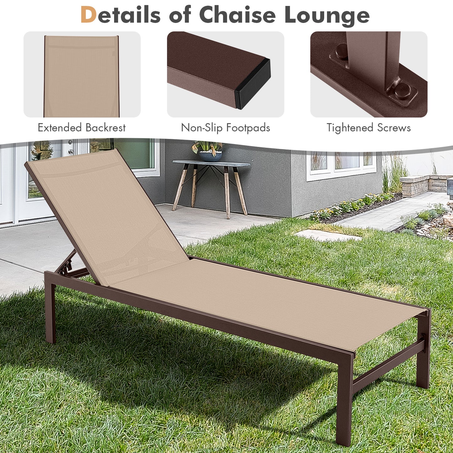6-Position Adjustable Chaise Lounge Chair with Aluminum Frame