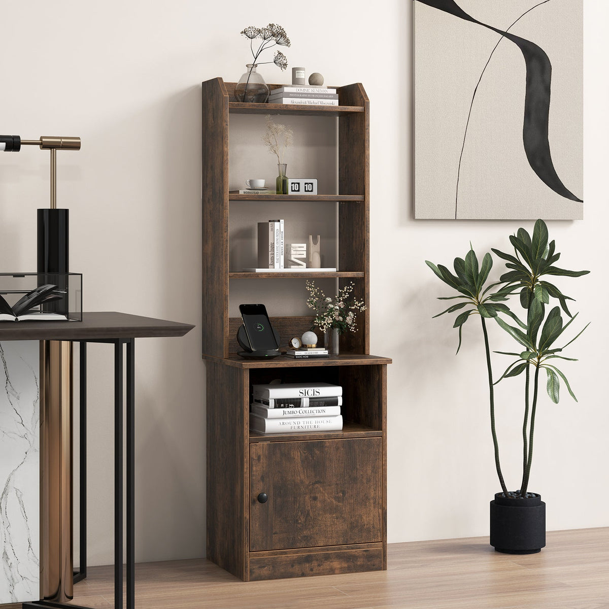 6-Tier Bookshelf Nightstand with Charging Station and Cabinet