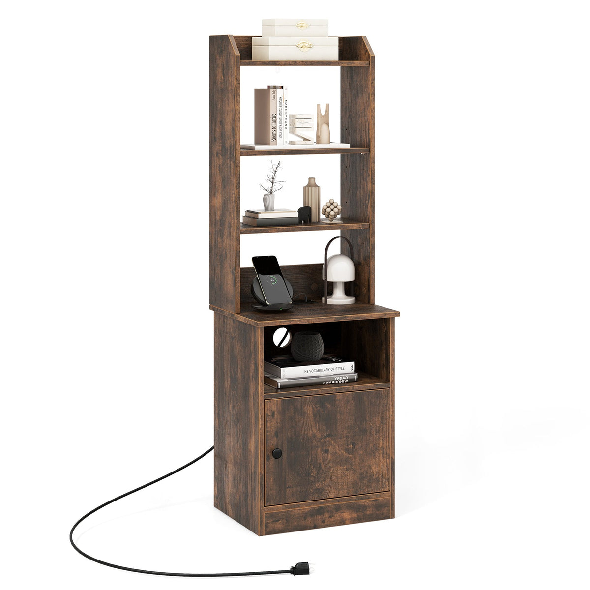6-Tier Bookshelf Nightstand with Charging Station and Cabinet
