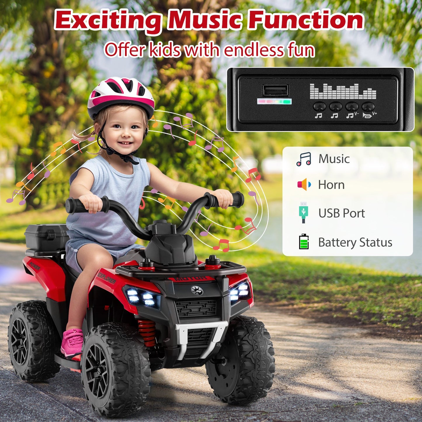 6V Kids Ride On ATV with Spray Function and Storage Box with Music