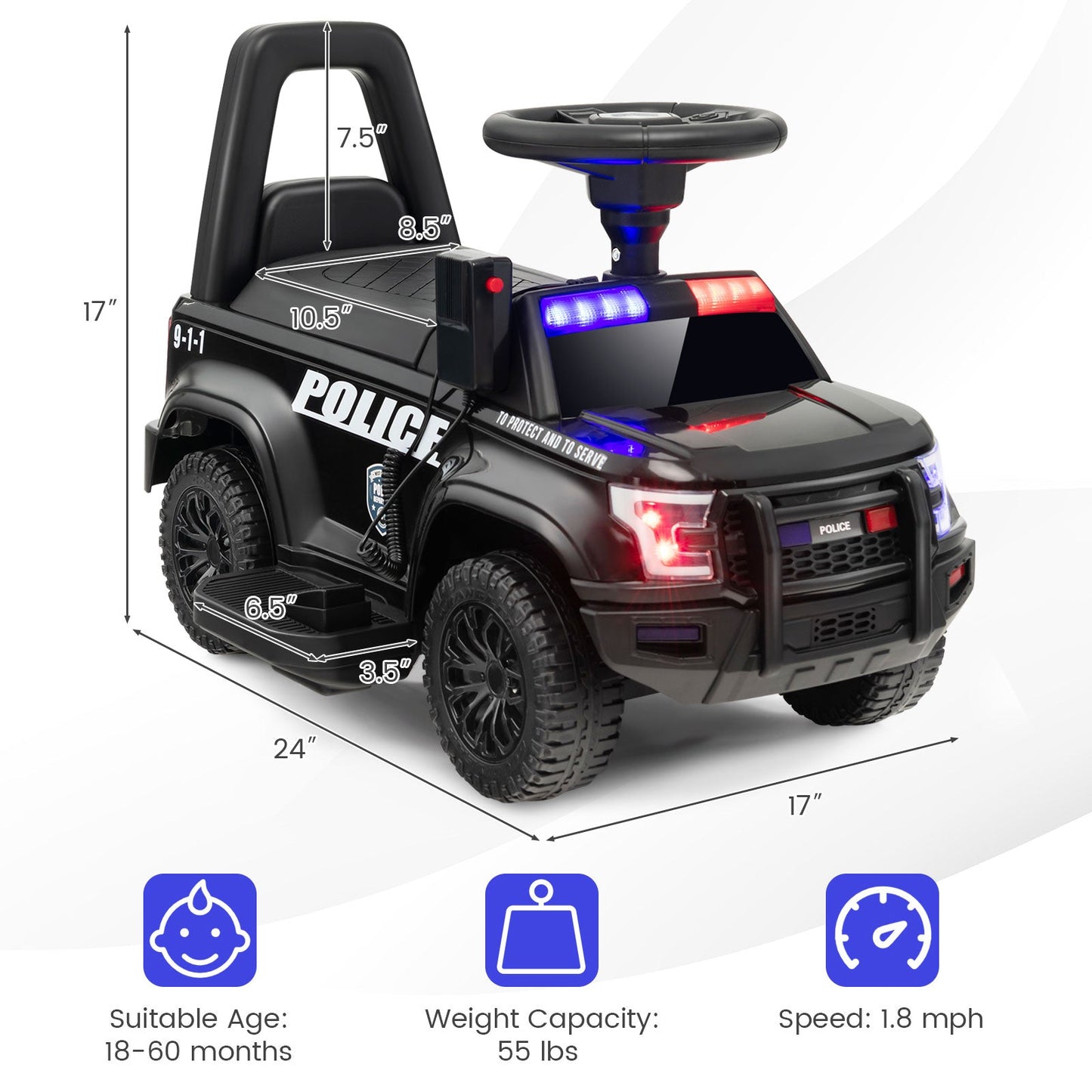 6V Kids Ride On Police Car with Real Megaphone and Siren Flashing Lights