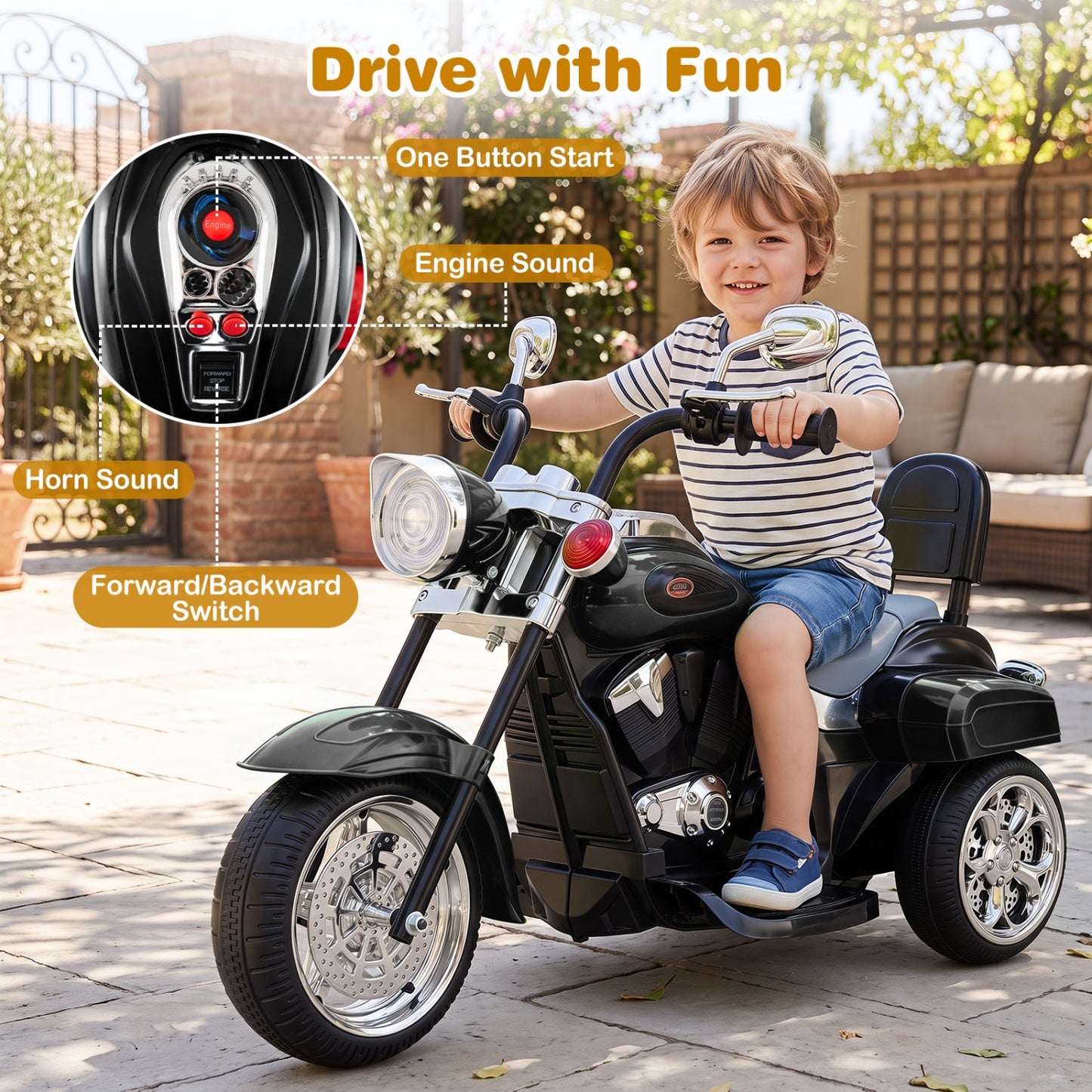 3-Wheel Electric Motorcycle Ride-On Toy for Toddlers 3+
