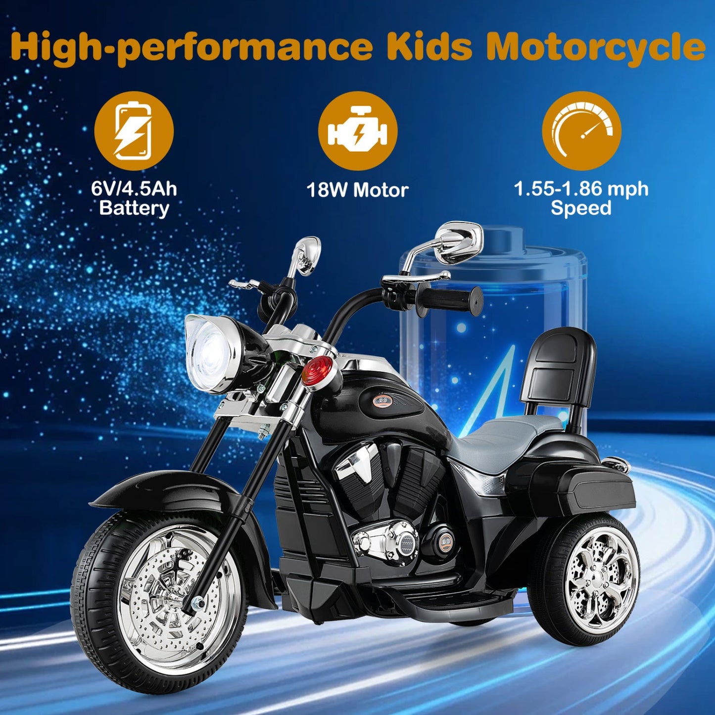 3-Wheel Electric Motorcycle Ride-On Toy for Toddlers 3+