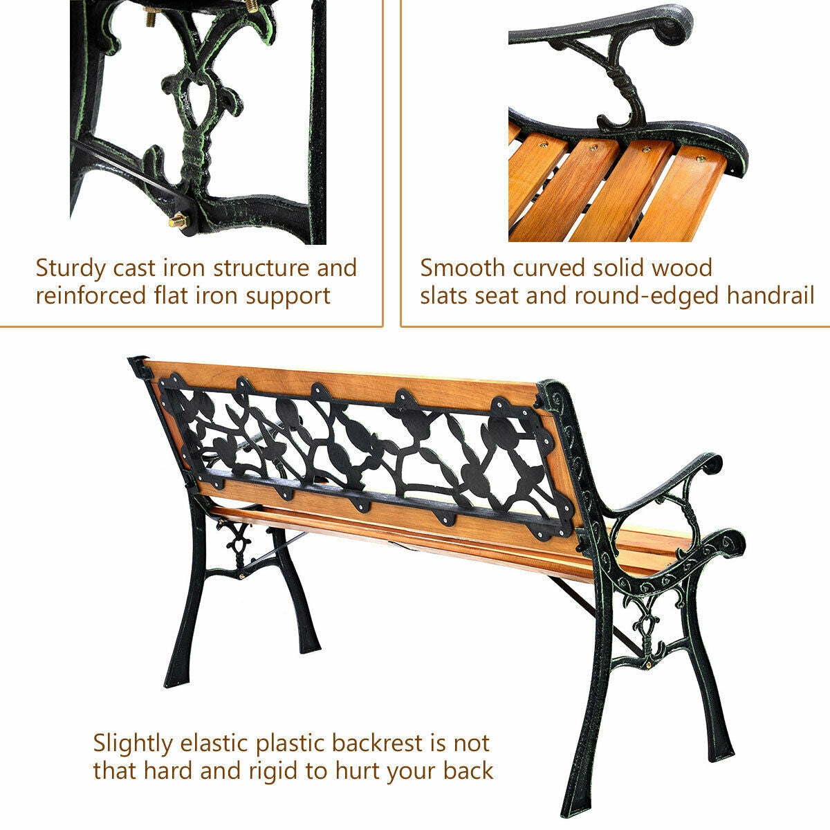 49.5" Cast Iron Garden Bench with Wood Seat - 3 Person