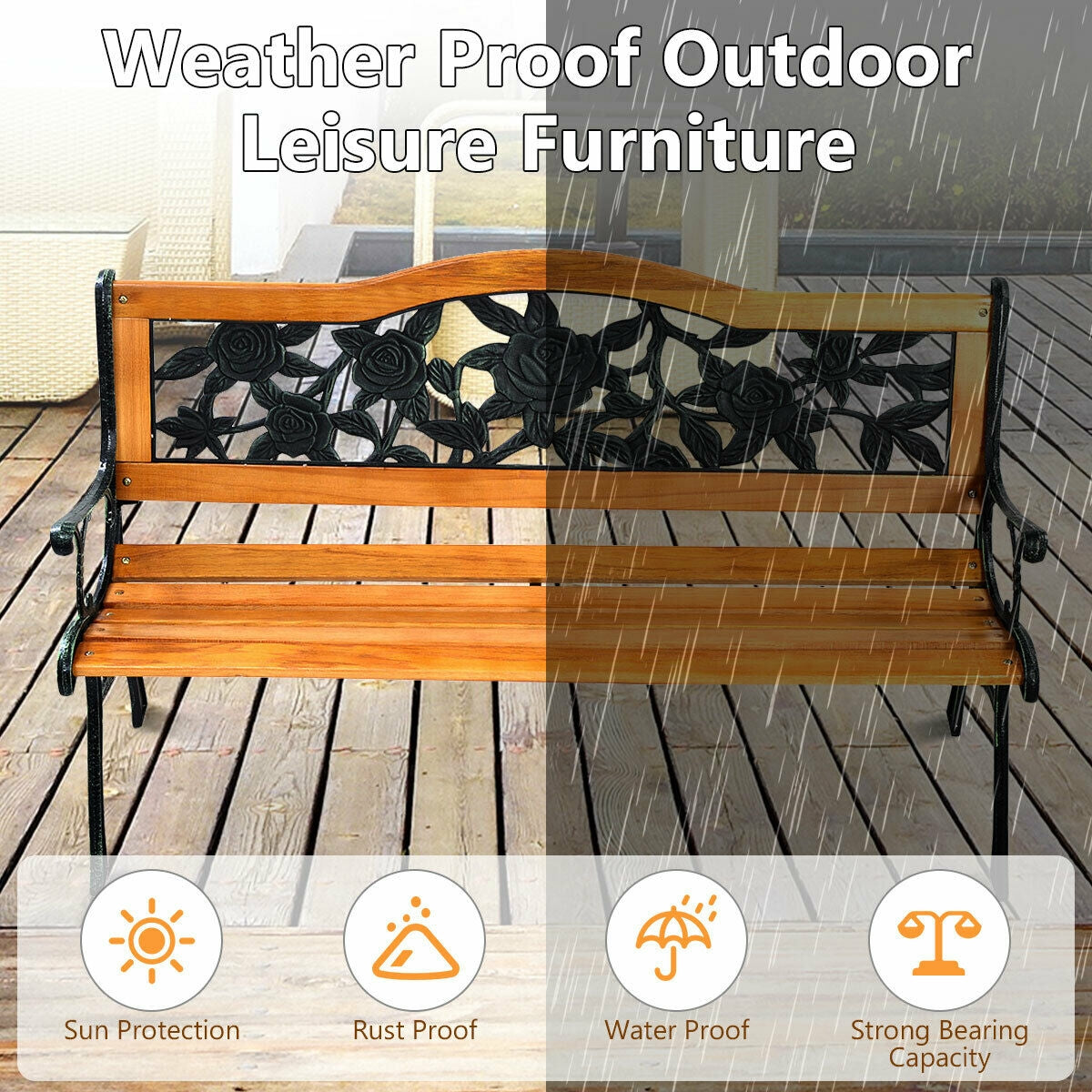 Outdoor Wooden Bench with Cast Iron Armrests - 49.5 Inch