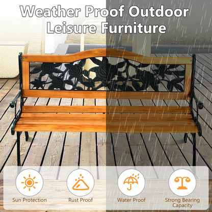 Outdoor Wooden Bench with Cast Iron Armrests - 49.5 Inch