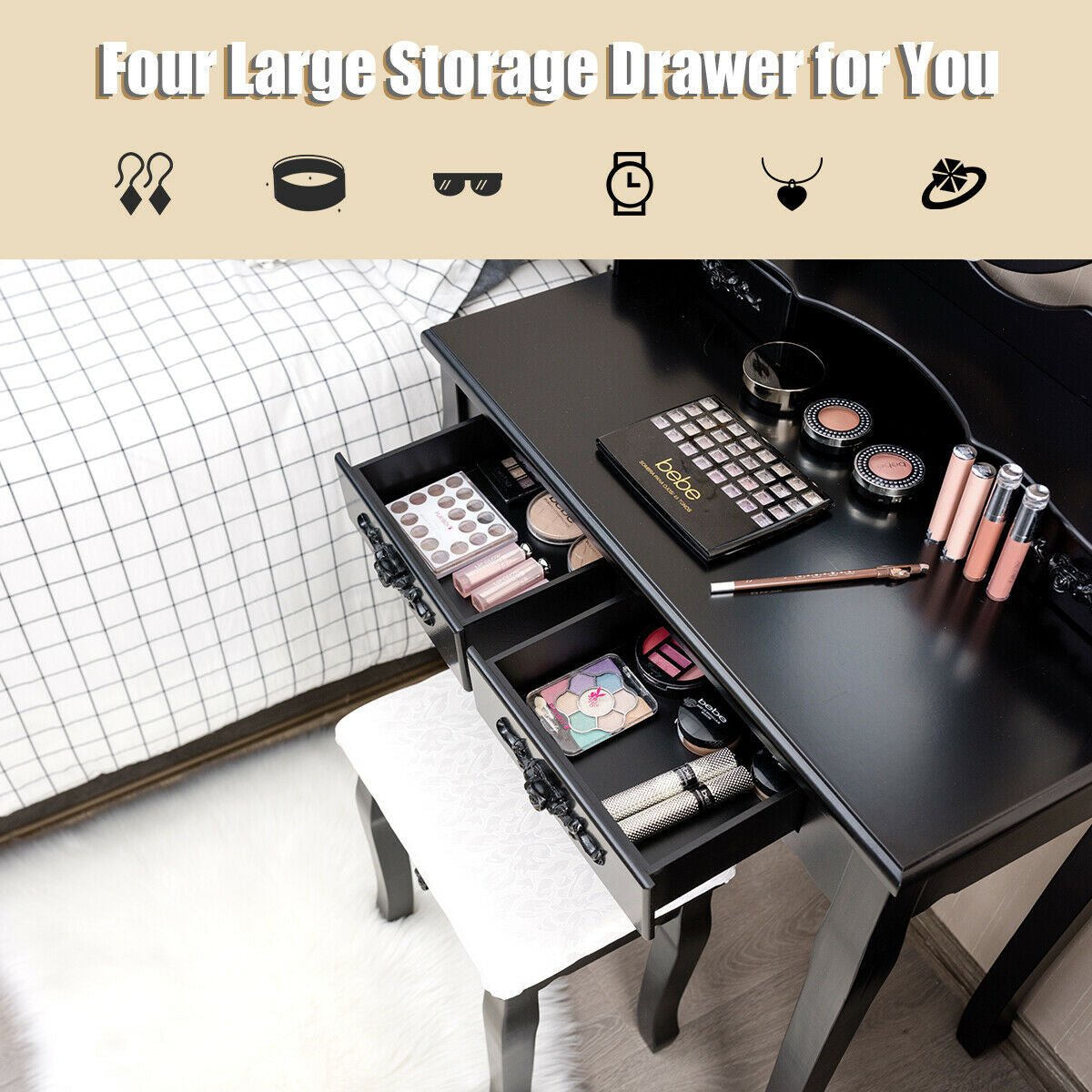Makeup Vanity Table with Lighted Mirror and Cushioned Stool