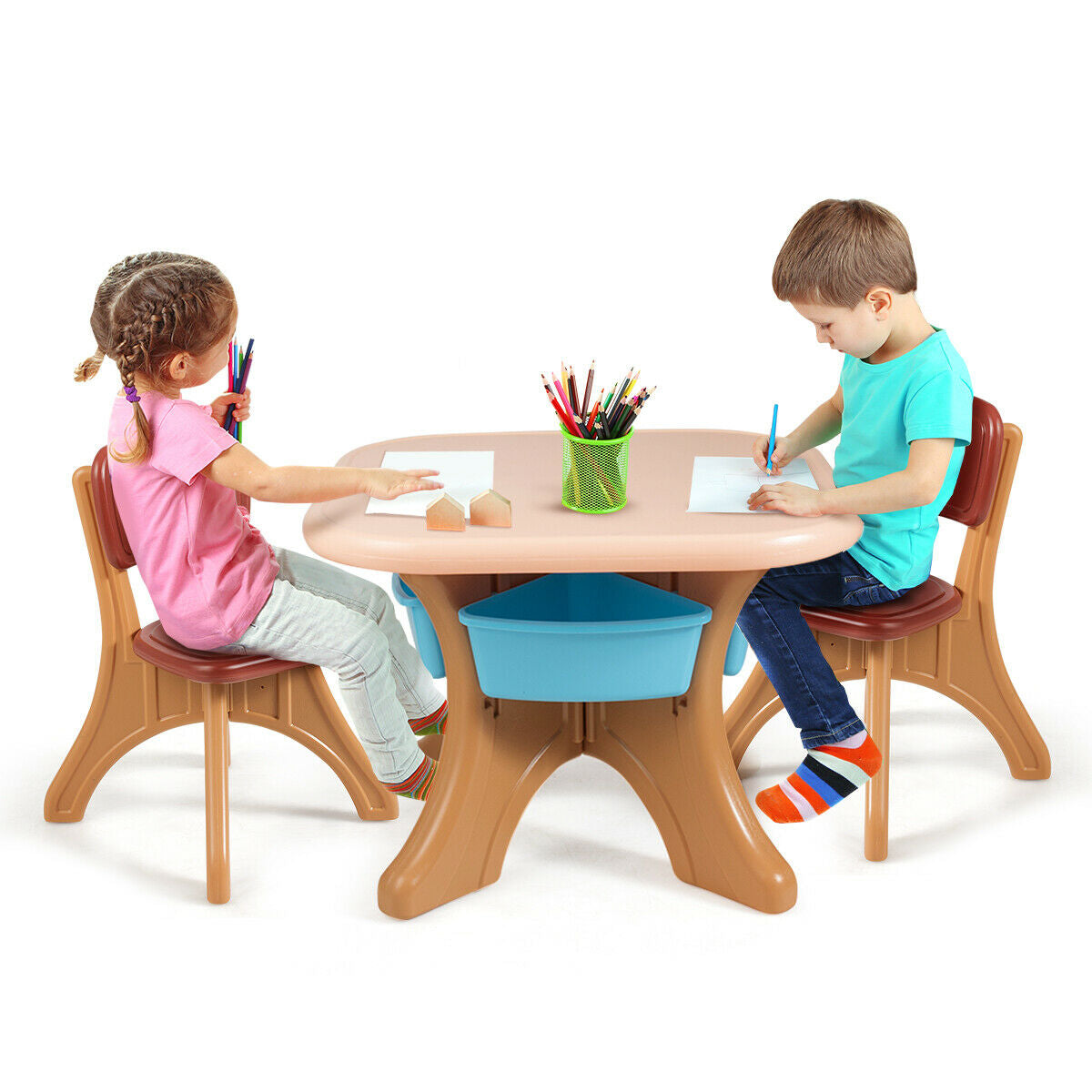 Kids Table and Chair Set with Storage Drawers - 3 Piece