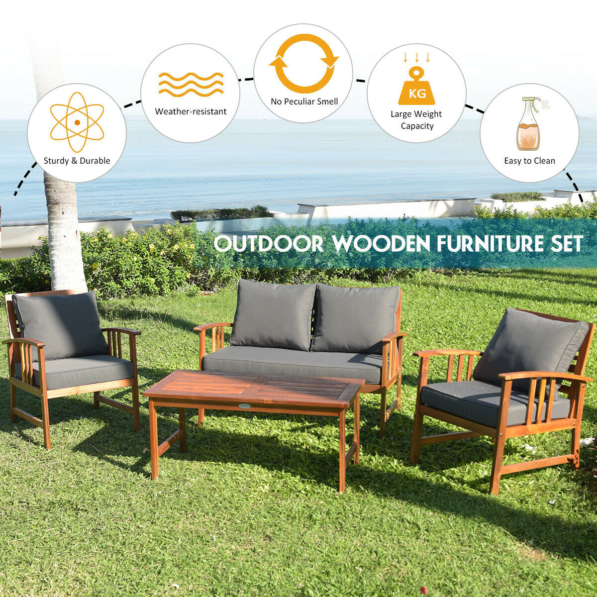 4-Piece Acacia Wood Patio Conversation Set with Cushions