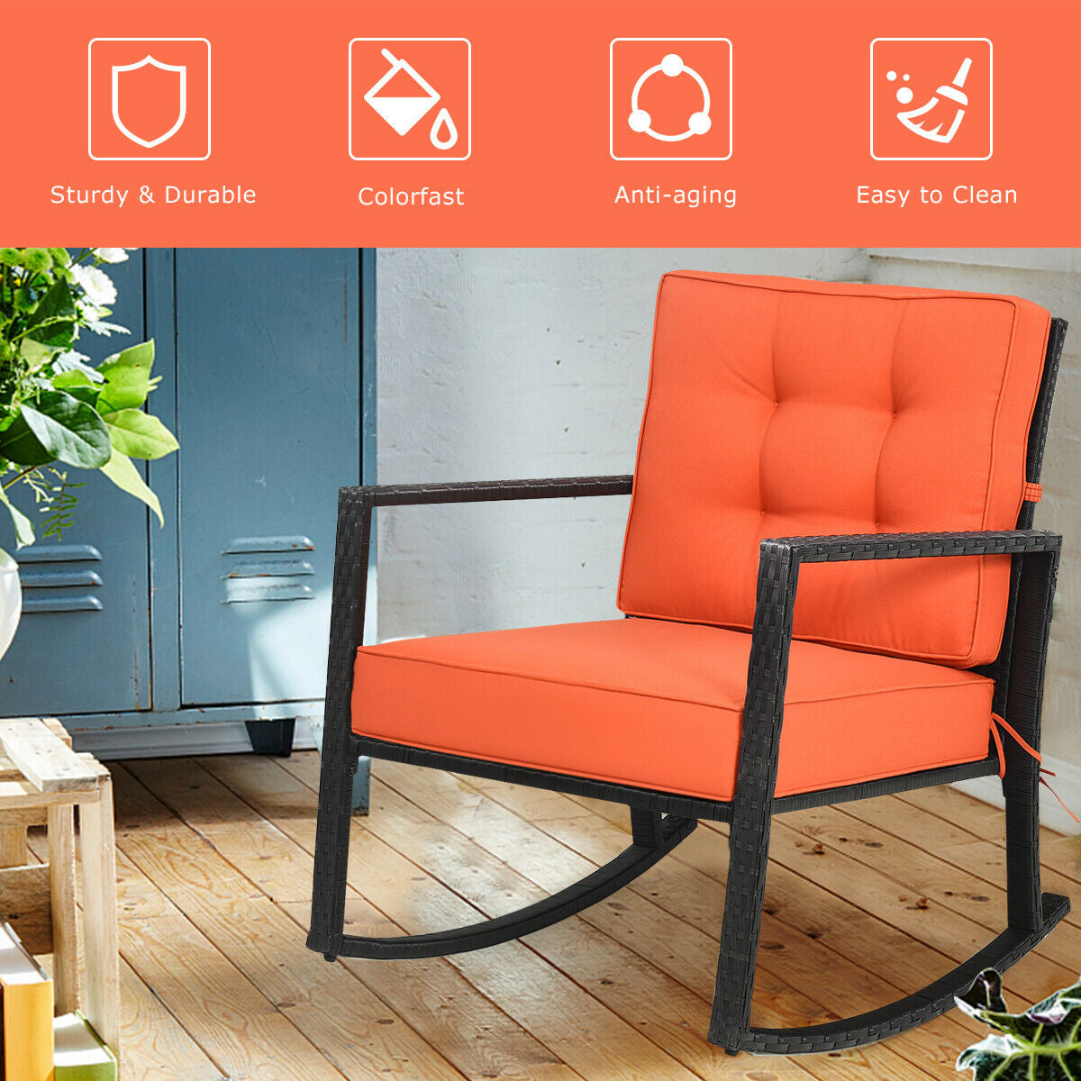 Rattan Rocking Chair with Cushion for Patio