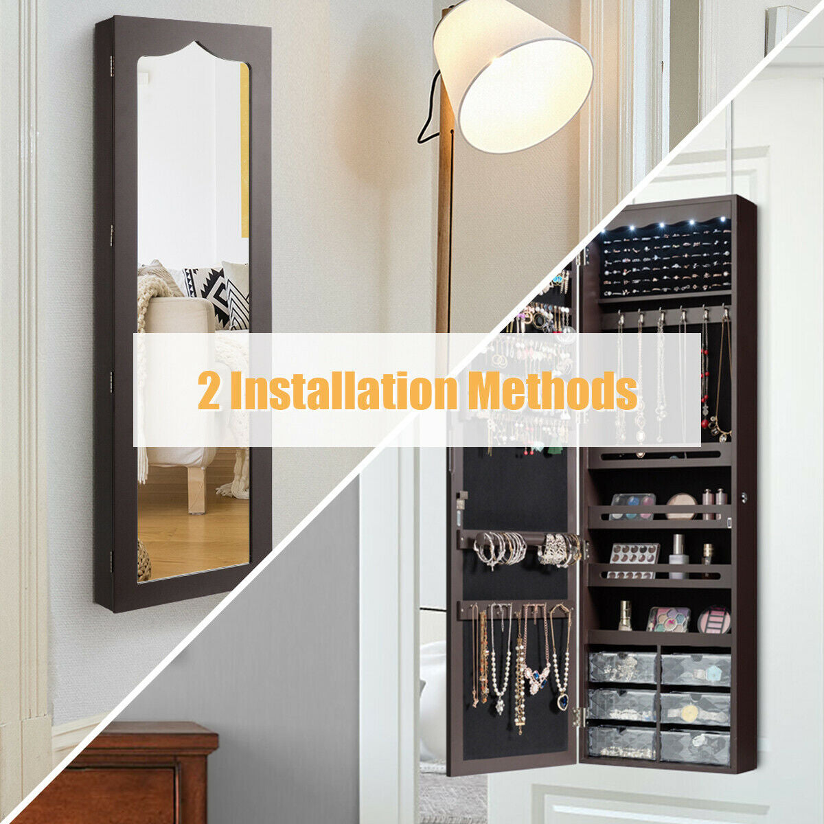 Wall Mounted Jewelry Armoire with LED Mirror - 47.5" Brown