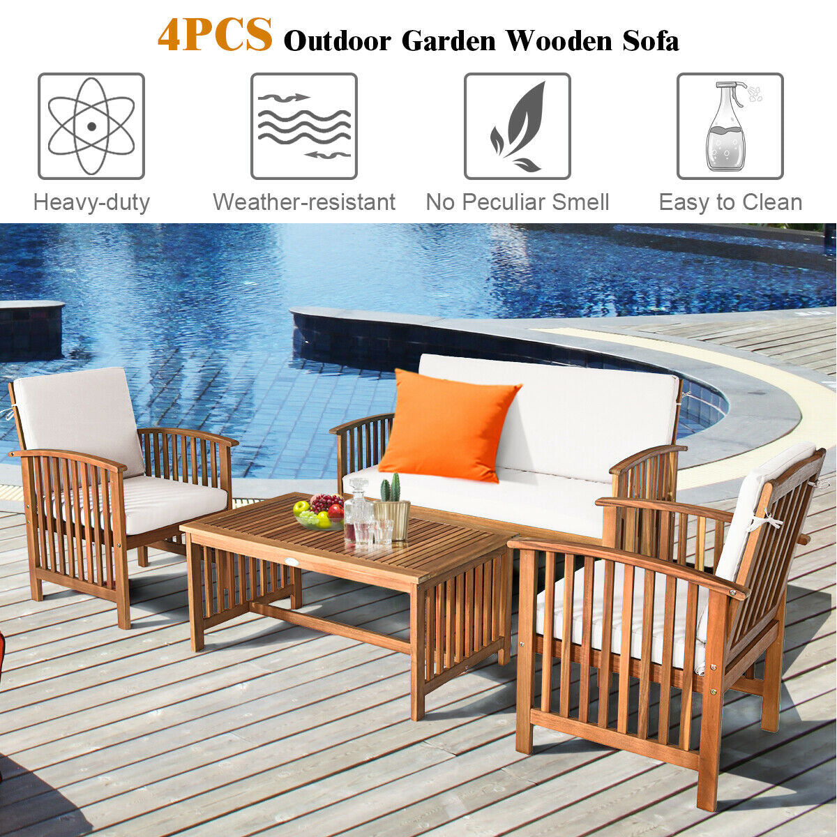 4 Pieces Patio Solid Wood Furniture Set