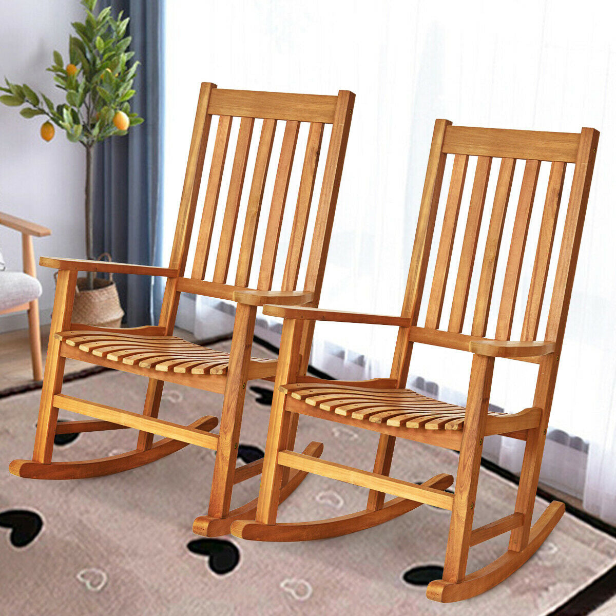 Acacia Wood Rocking Chair with High Back for Patio