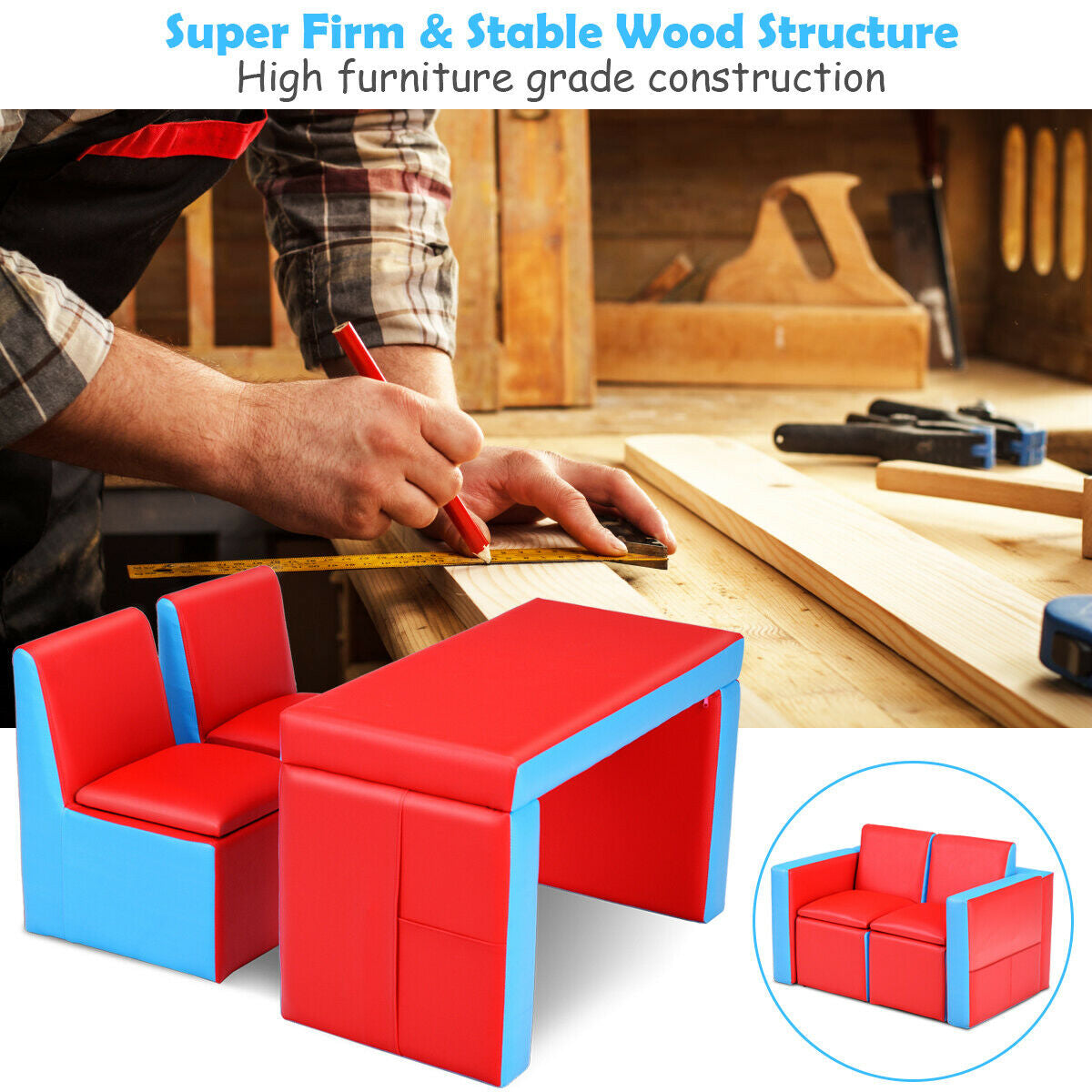 Kids Sofa Table Chair Set - Convertible 3-in-1 Furniture