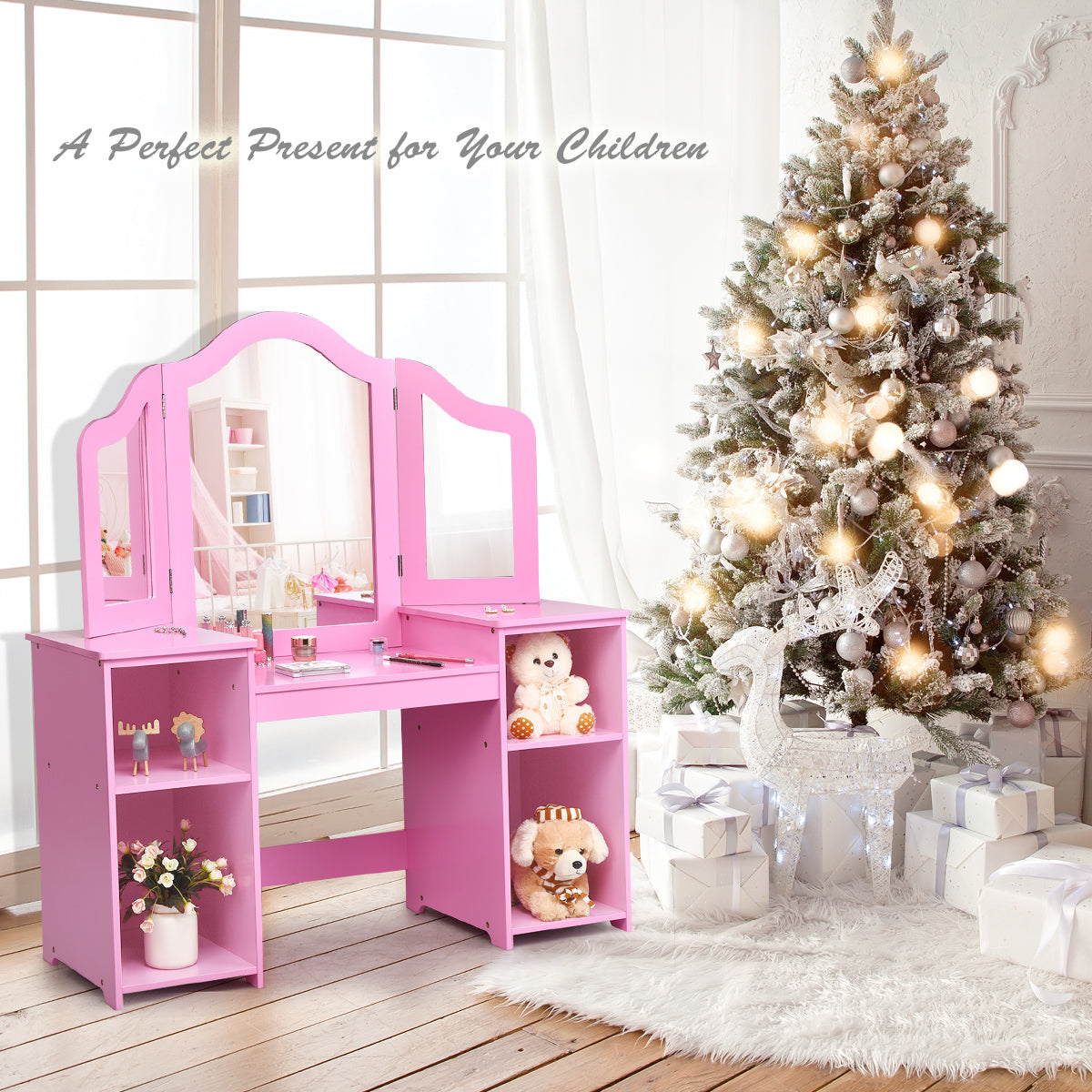 Kids Tri-Folding Mirror Vanity Table Set with Storage