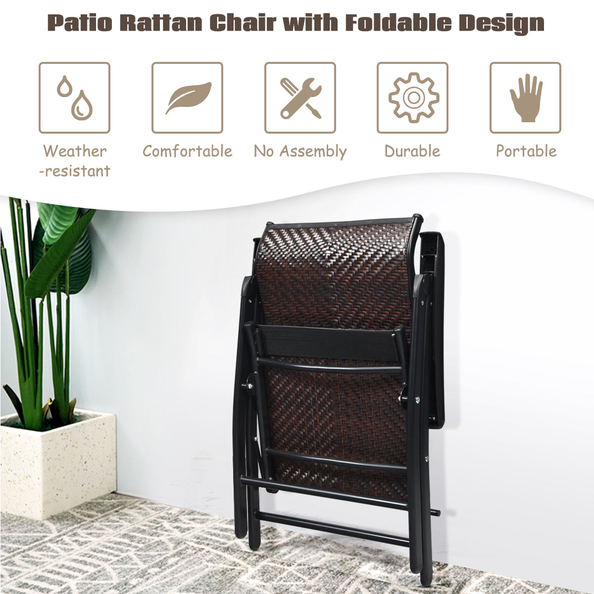Folding Rattan Patio Reclining Chairs - Set of 2