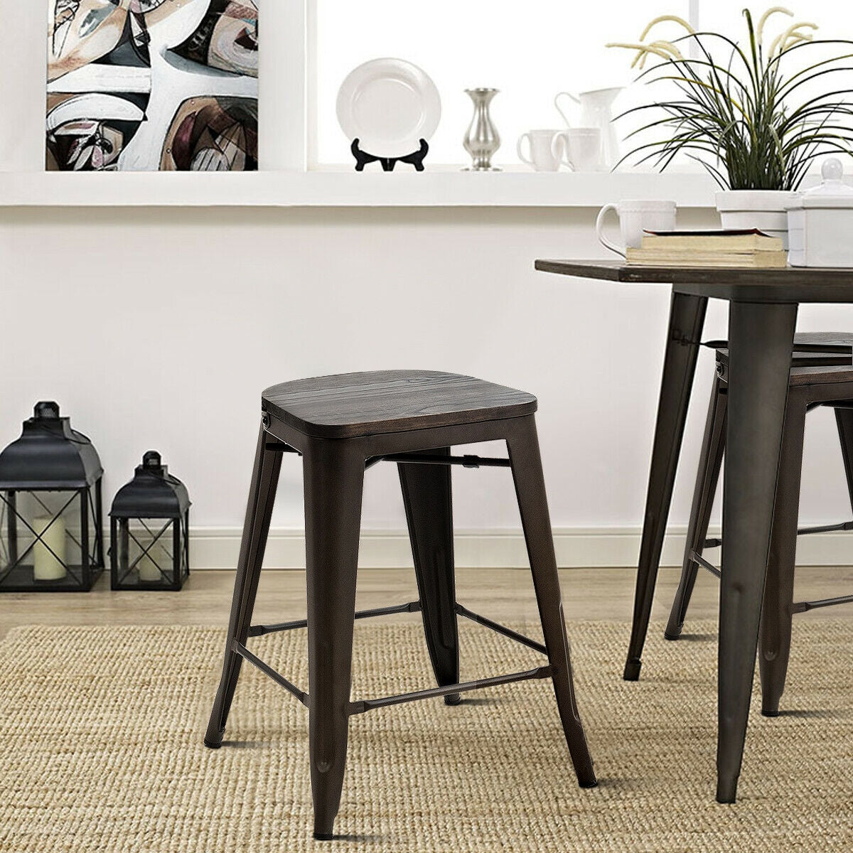 Industrial Metal Counter Stools with Removable Backrests Set of 4