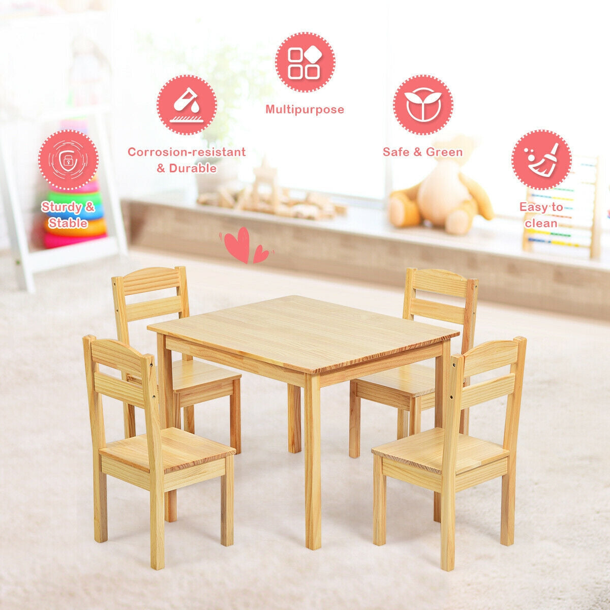 Kids Table and Chair Set - 5 Piece Pine Wood