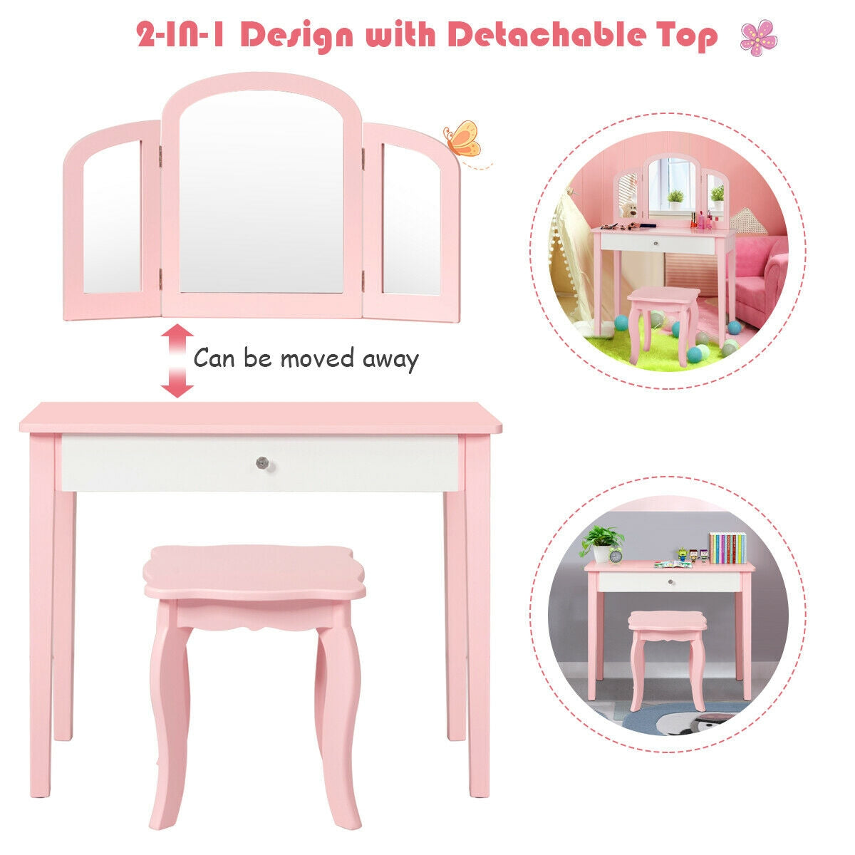 Kids Vanity Table with Tri-Fold Mirror and Chair Set