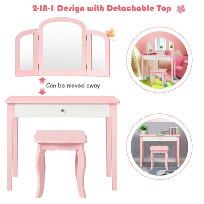 Kids Vanity Table with Tri-Fold Mirror and Chair Set