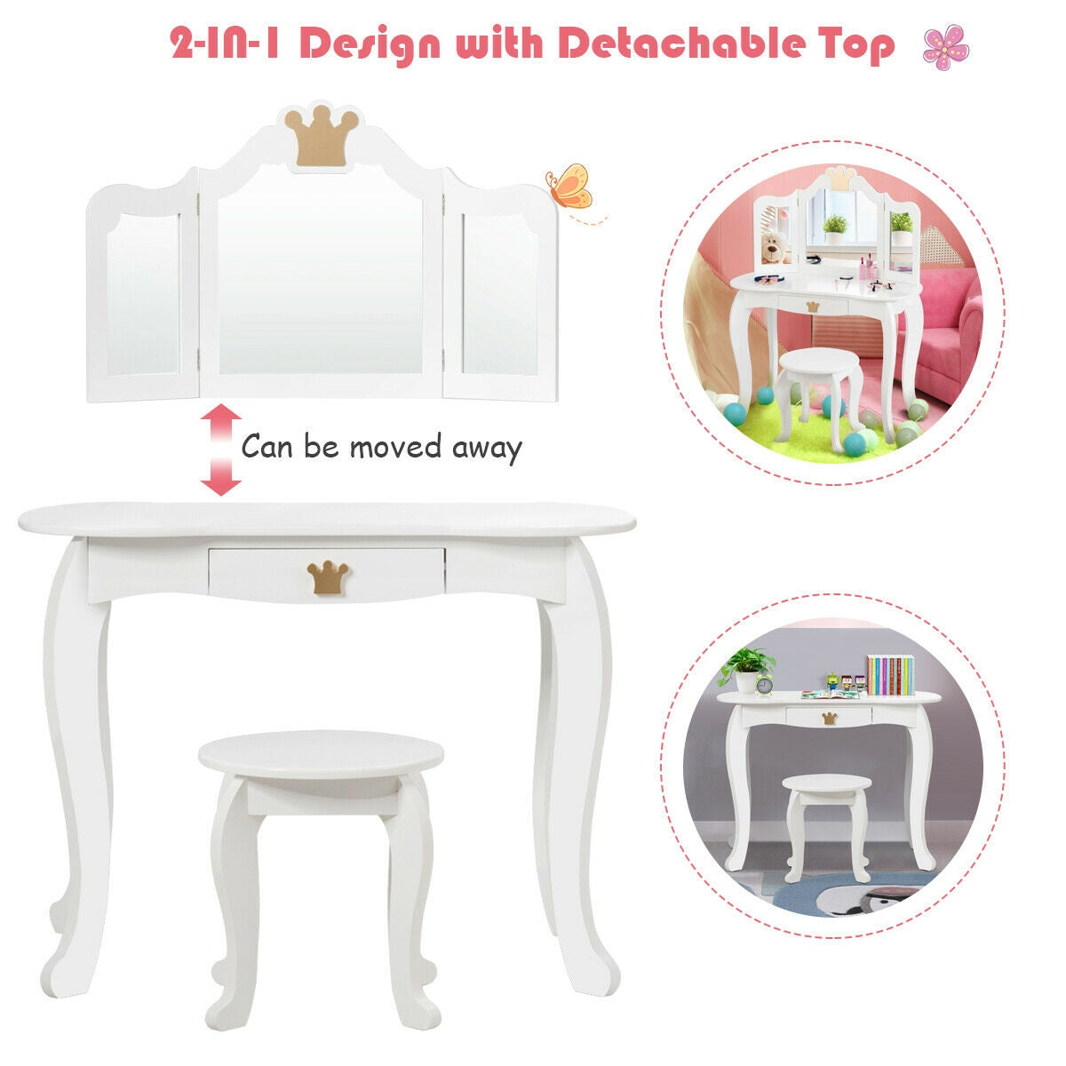 Kids Makeup Vanity Table with Tri-Fold Mirror and Stool