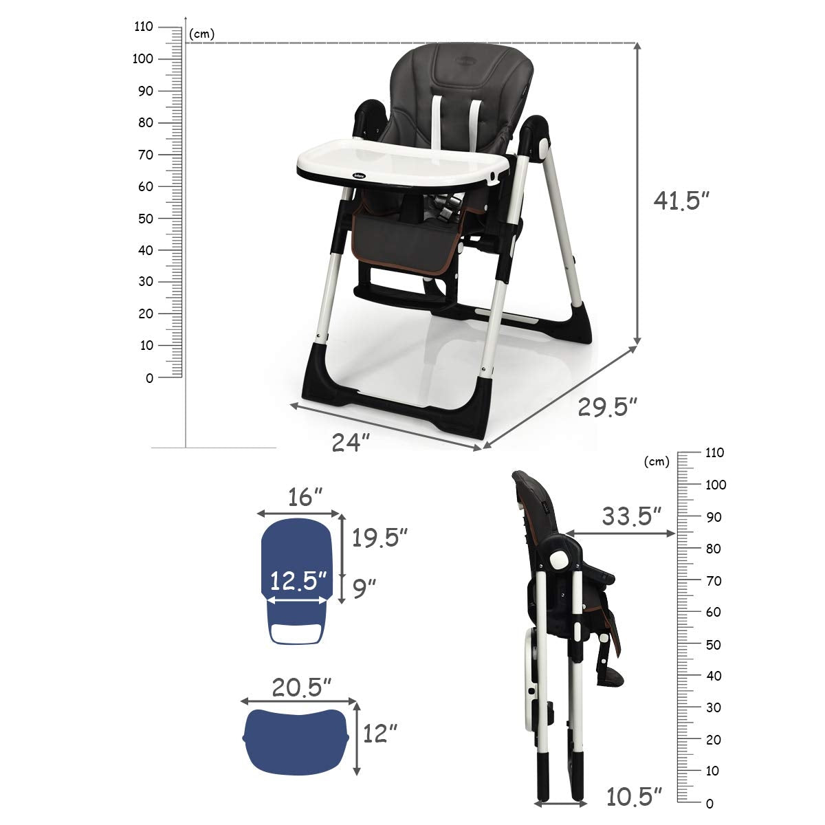 Foldable High Chair with Adjustable Backrest and Height