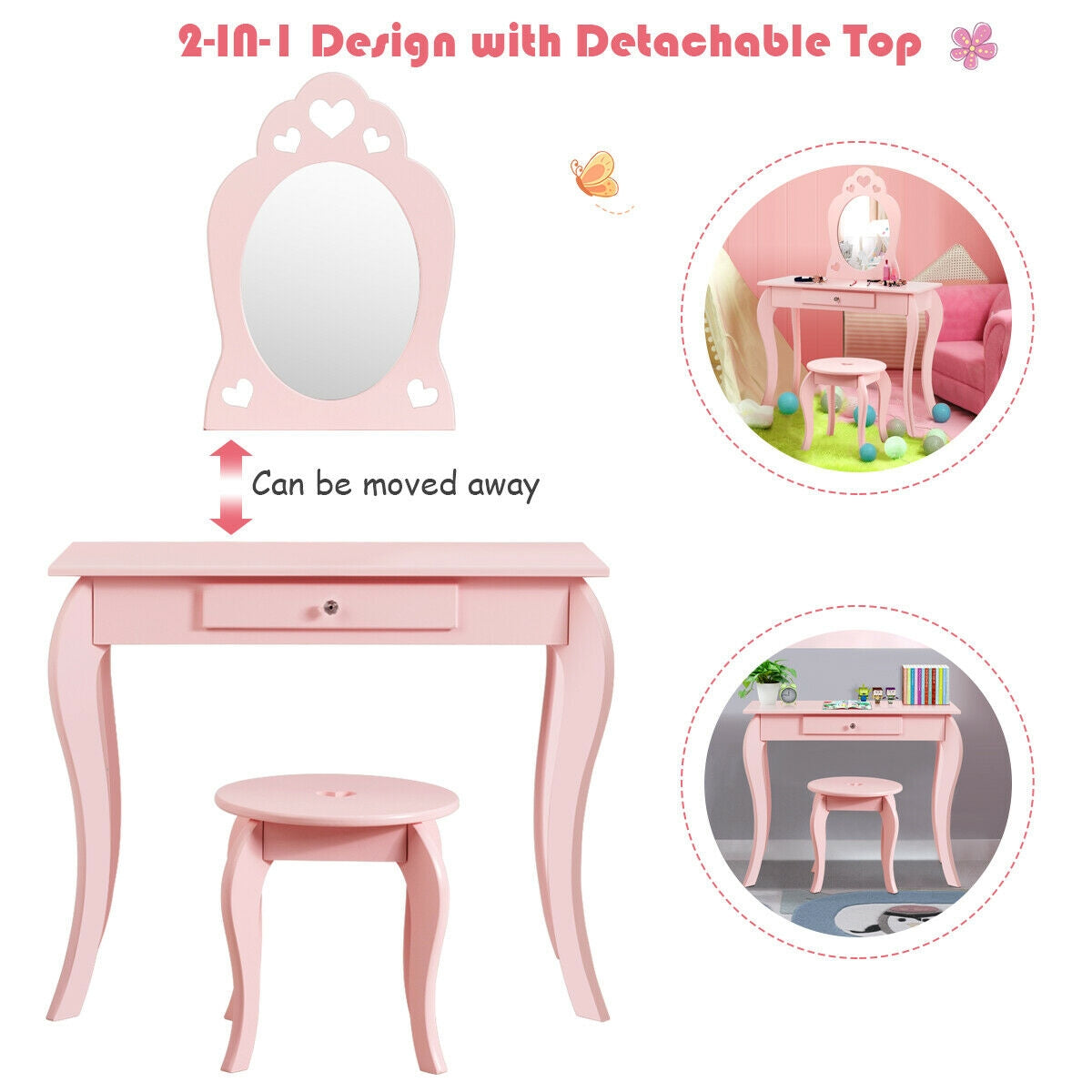 Kids Vanity Table Set with Mirror and Stool