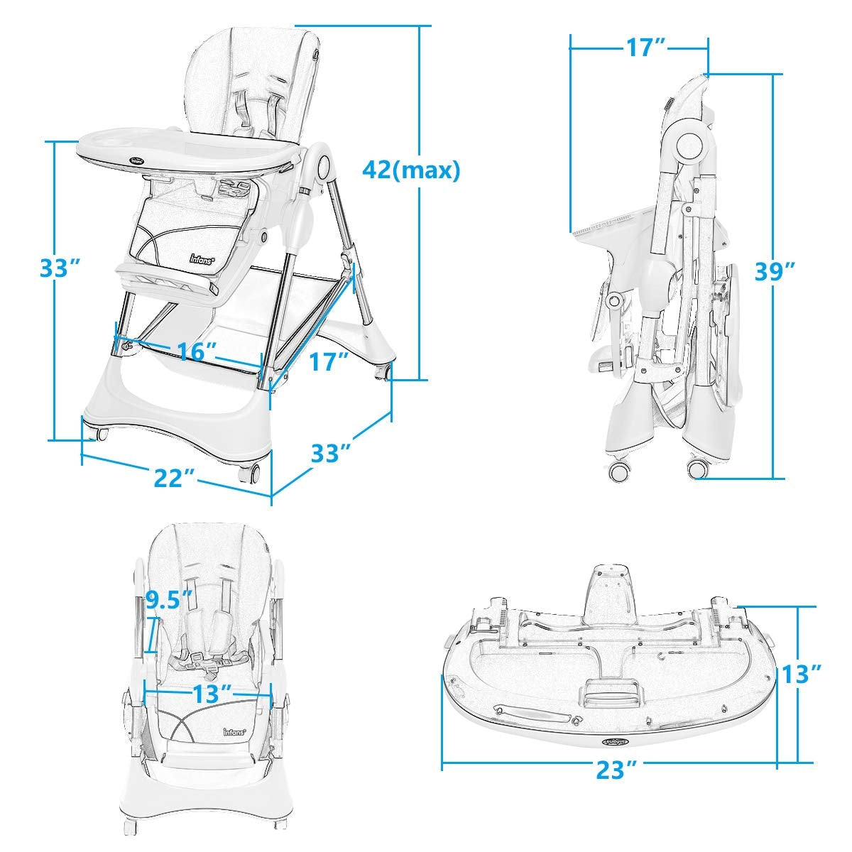 Foldable High Chair with 4 Lockable Wheels and 5-Point Harness