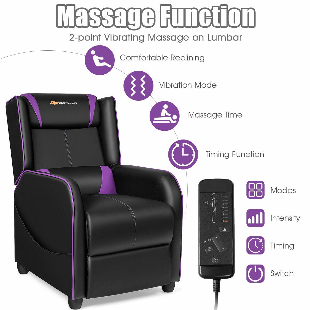 Massage Gaming Recliner Chair with Footrest - Purple