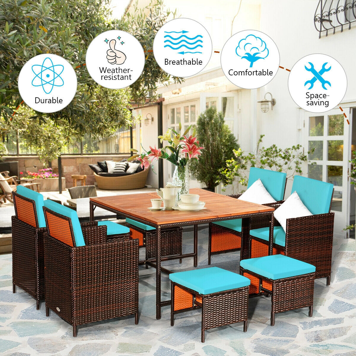 9-Piece Patio Rattan Dining Set with Cushioned Chairs