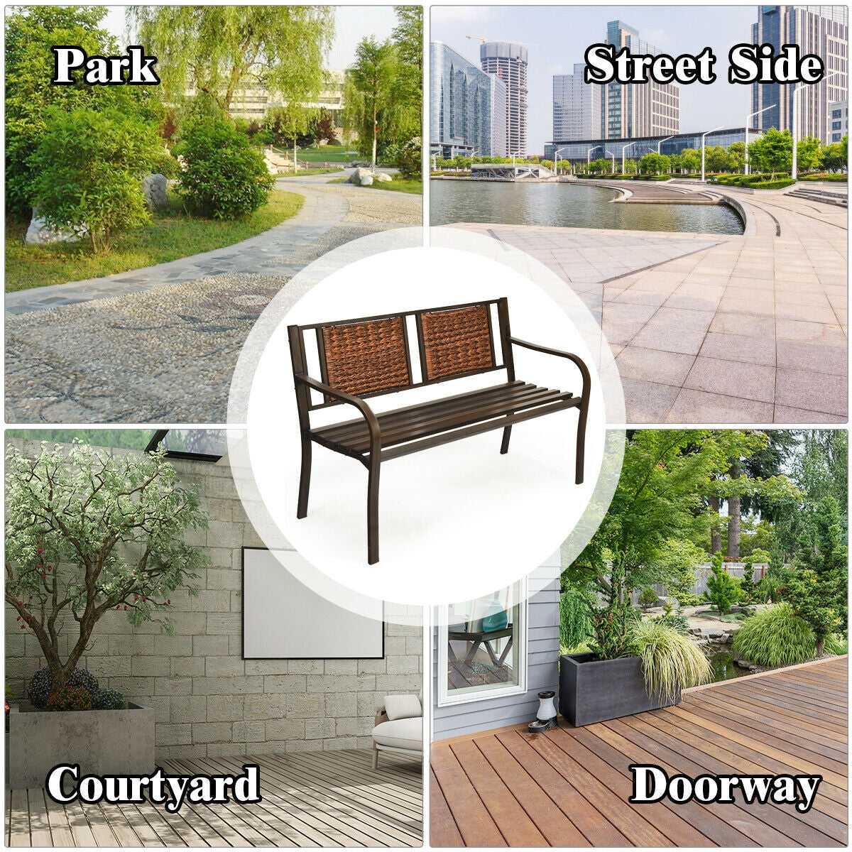 Outdoor Garden Bench with Steel Frame and PE Rattan - 500 lbs