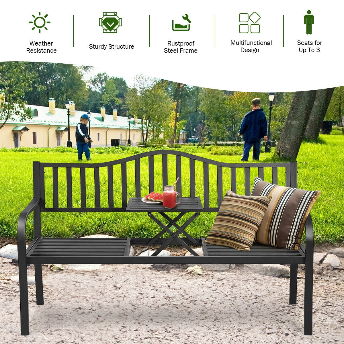 Outdoor Garden Bench with Adjustable Center Table - Steel Frame